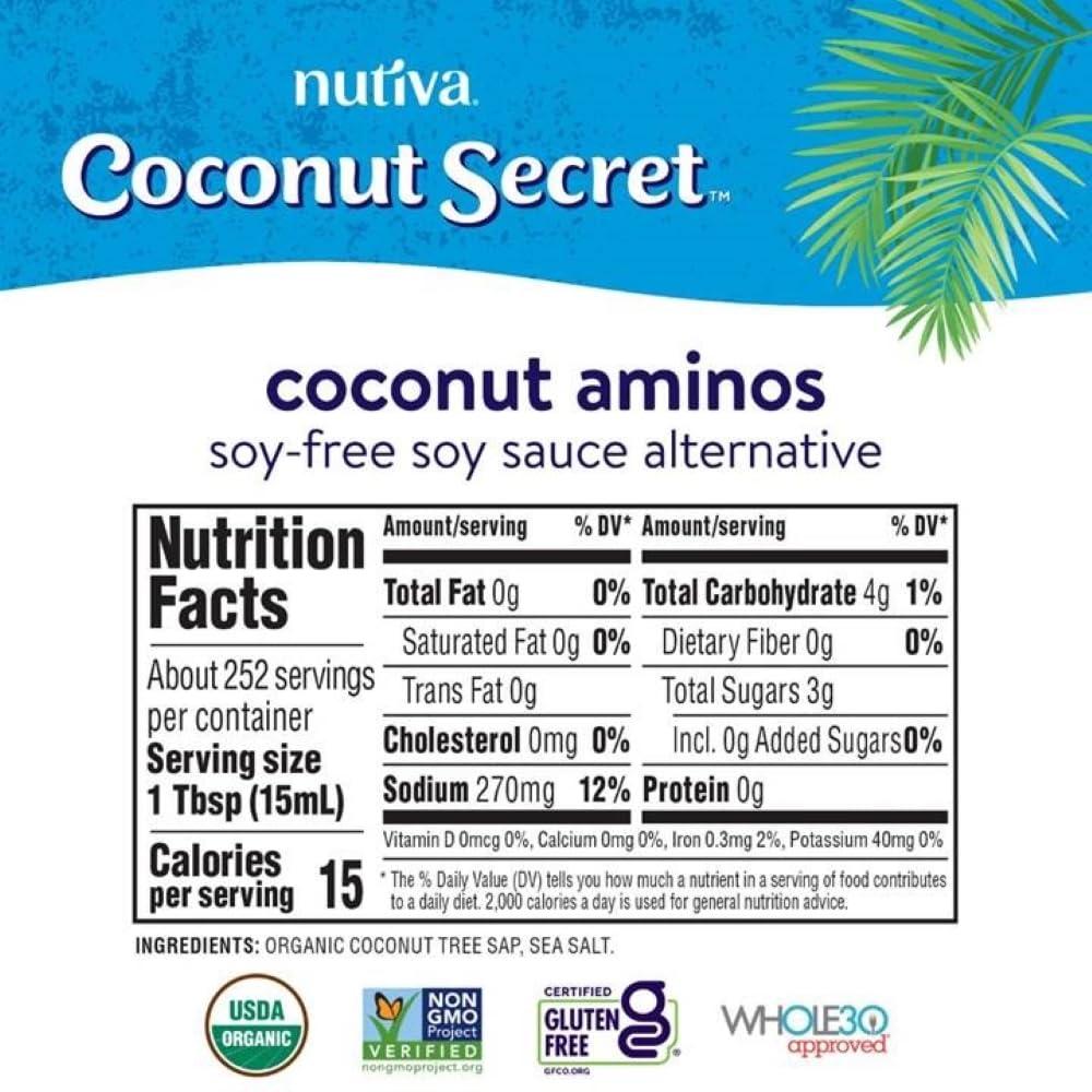 COCONUT SECRET Coconut Secret Coconut Aminos - 8 fl oz - Low Sodium Soy Sauce Alternative, Low-Glycemic - Organic, Vegan, Non-GMO, Gluten-Free, Kosher - Keto, Paleo, Whole 30 - 48 Servings