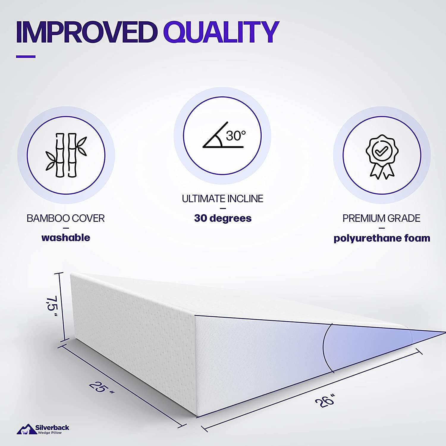 Silverback Wedge Pillow 7.5" Wedge Pillow for Acid Reflux - Dr. Recommended Height, Luxurious 2" Memory Foam Pillow Wedge for Sleeping, GERD, Post Surgery, Heartburn, and Snoring - Viscose of Bamboo Cover (25" Wx26 Lx7.5 H)