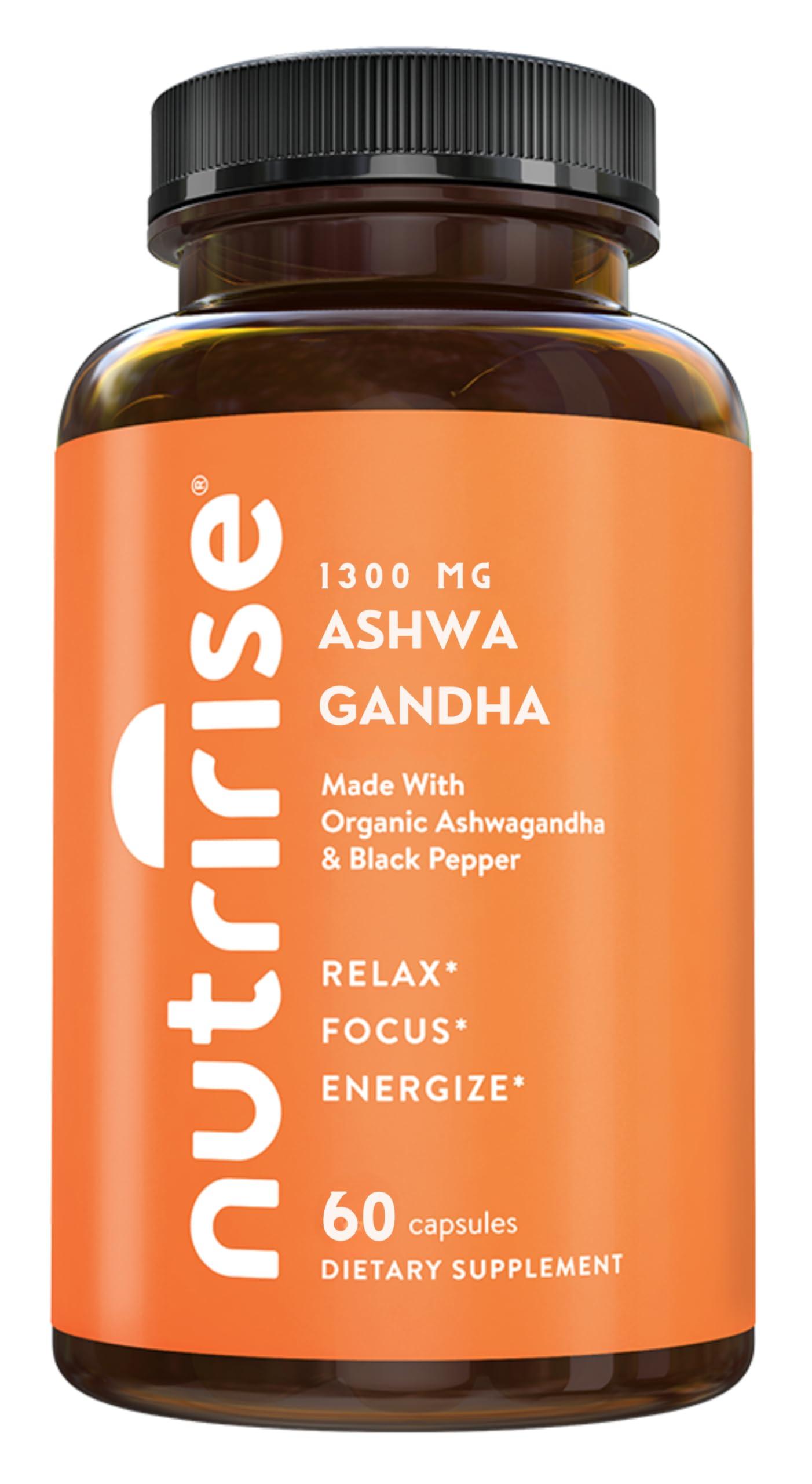 NutriRise NutriRise Organic Ashwagandha Root Capsules with Black Pepper, 1300mg, Natural Stress & Mood, Thyroid & Immune Support Supplement, Clarity, Focus & Energy, Gluten Free, 60 Count