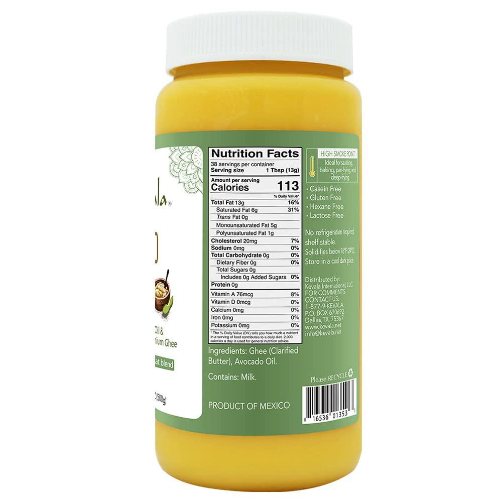 kevala Kevala Avocado Ghee Blend - Ghee Butter - Avocado Oil - Spreadable Butter - Avocado Cooking Oil - Ghee Clarified Butter Unsalted - Cold Pressed Avocado Oil - 17.6 oz - 1.1 lb - Paleo - Casein Free - Gluten Free - Lactose Free