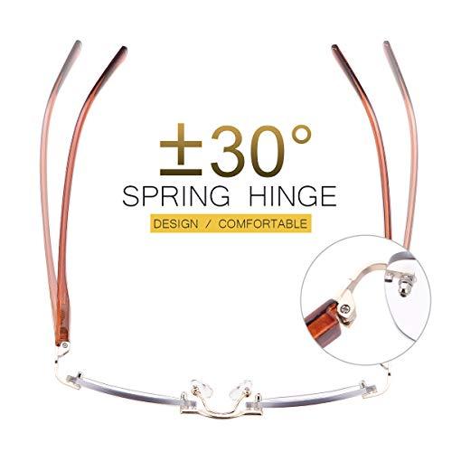 MIRYEA Rimless Bifocal Reading Glasses Spring Hinge Photochromic Sun Readers Transition Shades Computer Blue Light Blocking Sunglasses UV400 Protection Anti Glare Eyewear Gaming Eyeglasses for Men and Women