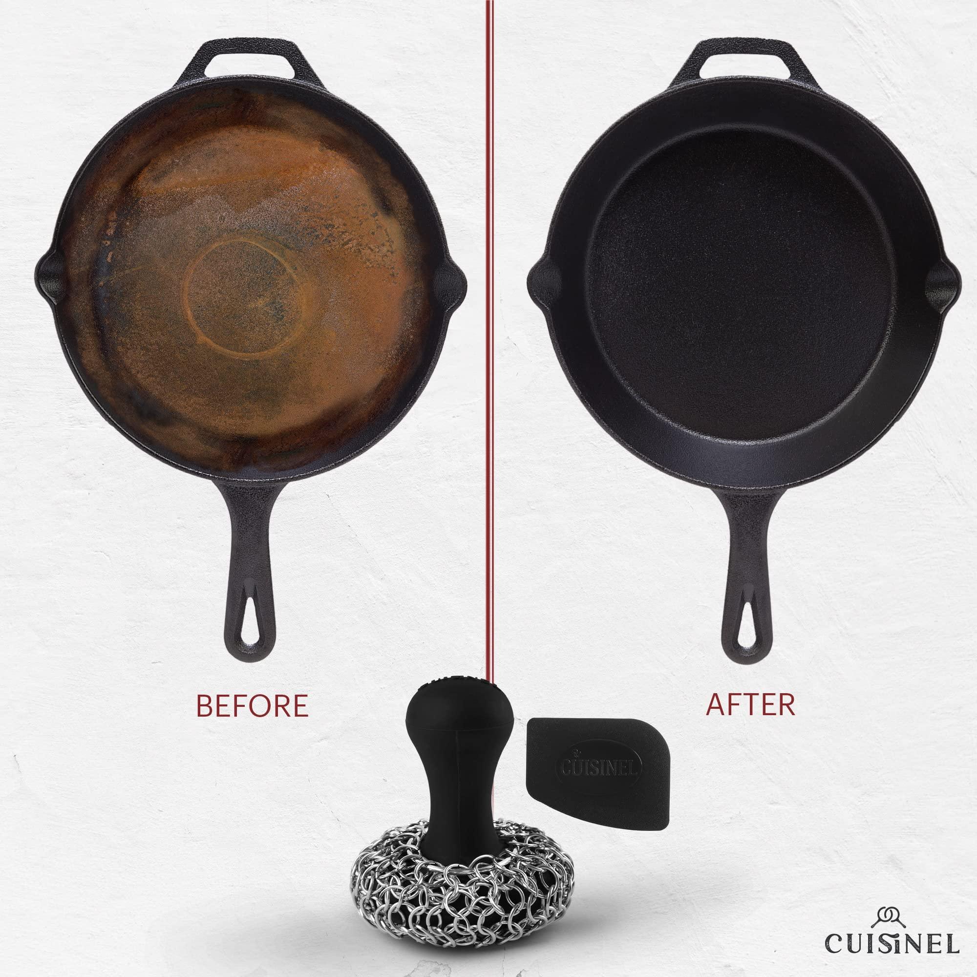 Cuisinel Cuisinel 12\"-inch Cast Iron Skillet with Lid + Ergonomic Chainmail Scrubber + Pan Scraper - Combination Cookware and Accessories