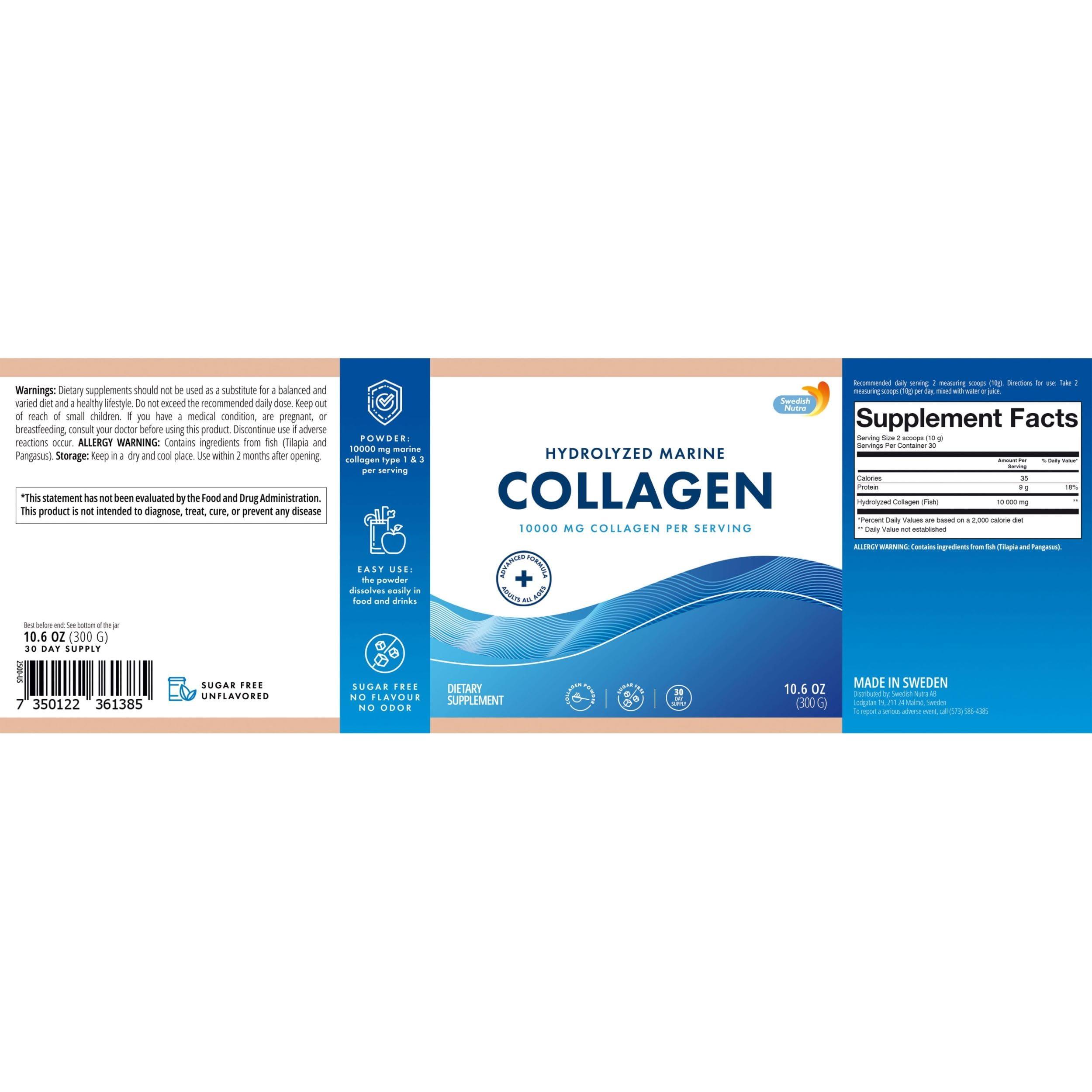 Swedish Nutra Swedish Nutra - 100% Marine Collagen Powder 300g I Hydrolyzed Collagen Powder (Type I & III) I Healthy Skin, Hair & Nails I High Absorption I Odorless & Unflavoured I Easy Mix