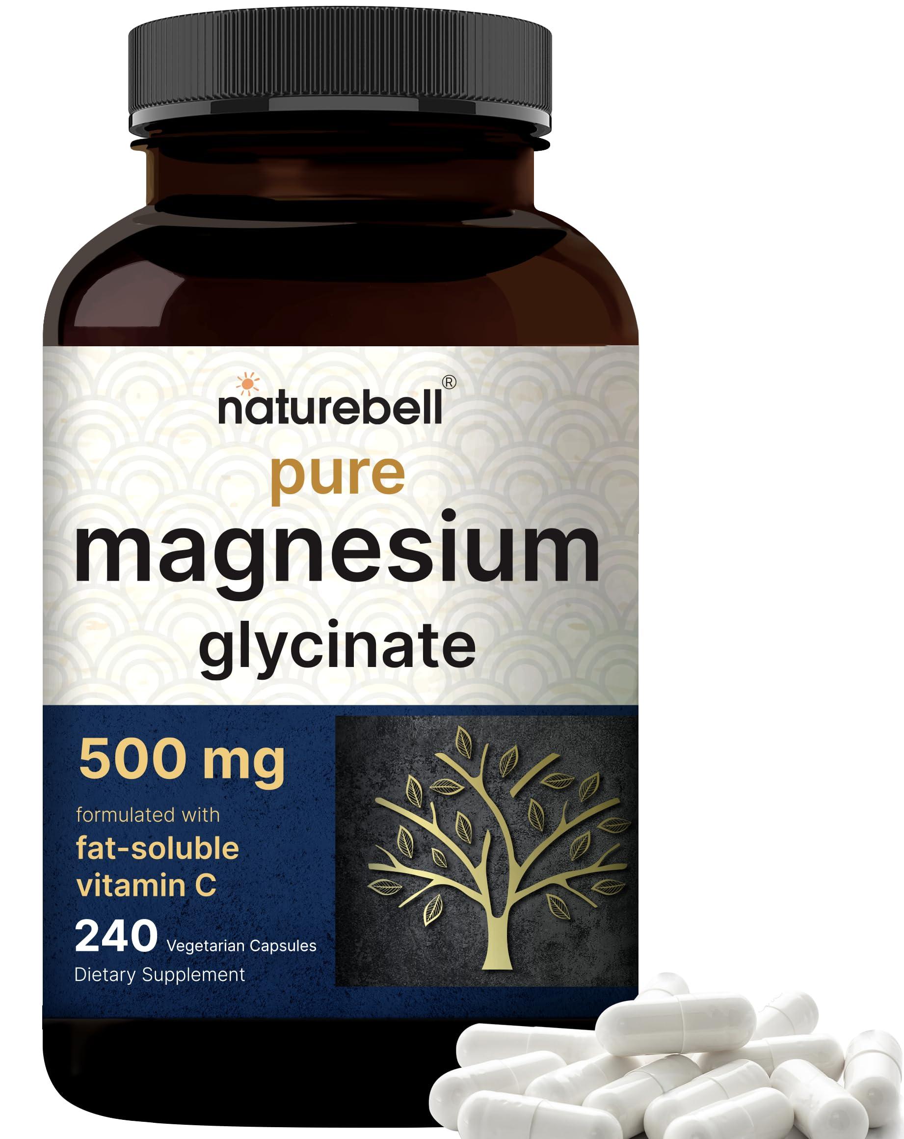 NatureBell Magnesium Glycinate Capsules 500mg | 240 Count, 100% Chelated & Purified, 3rd Party Tested, Non-GMO & Gluten Free