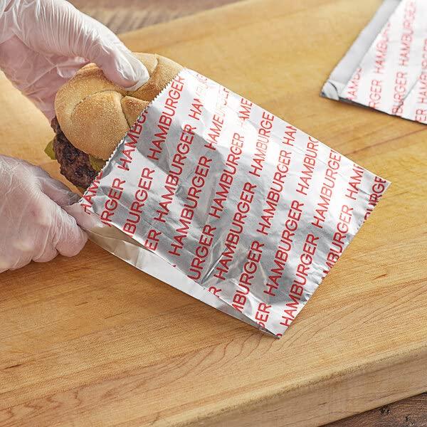 Oasis Supply Large Foil Hamburger/Sandwich Bags - Grease Resistant, Keeps them Hot -Words in Red say - "Hamburger" 100 Count
