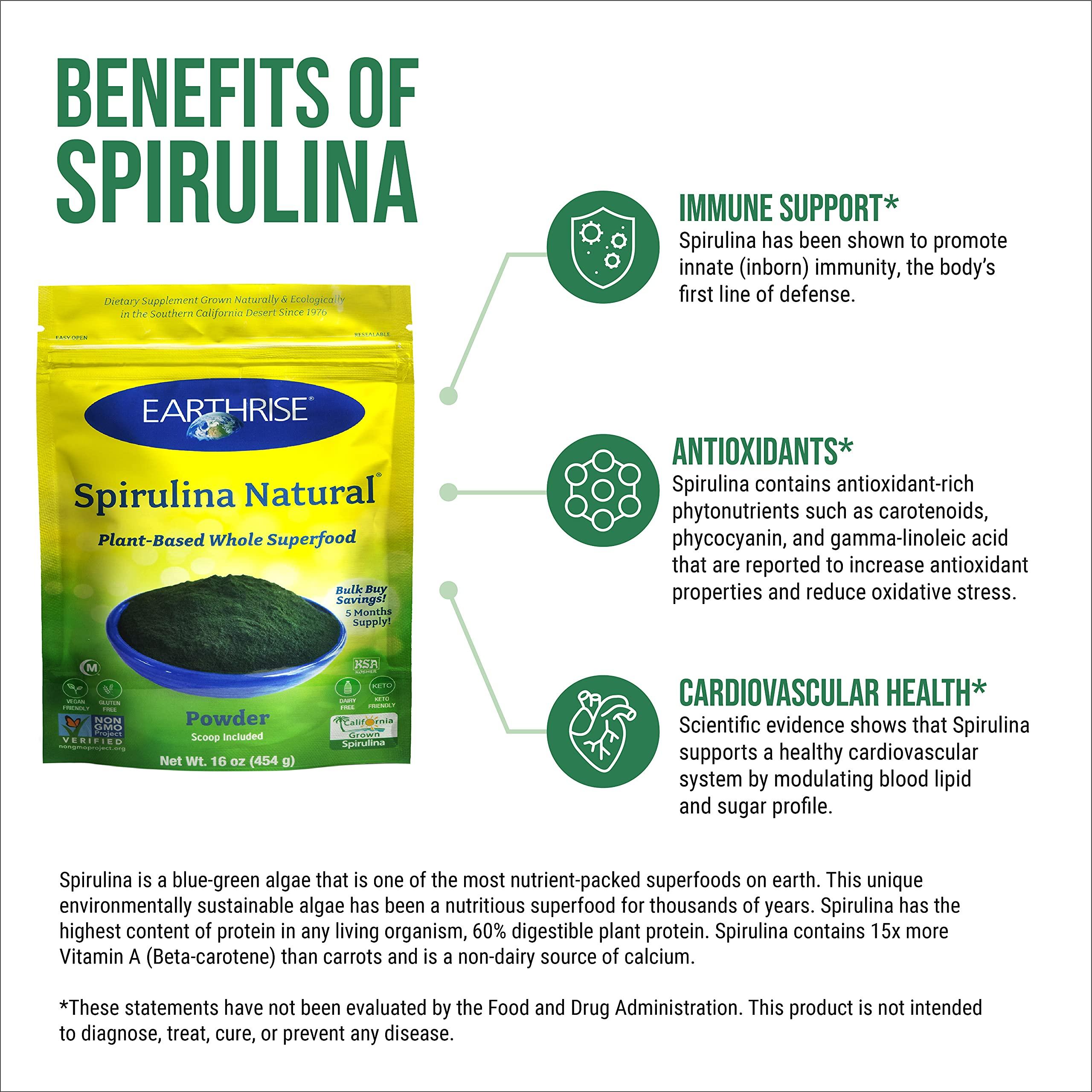 Earthrise Earthrise Spirulina Natural Powder 16oz, Natural Premium Spirulina from California- Vegan, Gluten Free, Keto Friendly, Non -GMO Super Food high in Vitamins & Minerals. (1 LB)