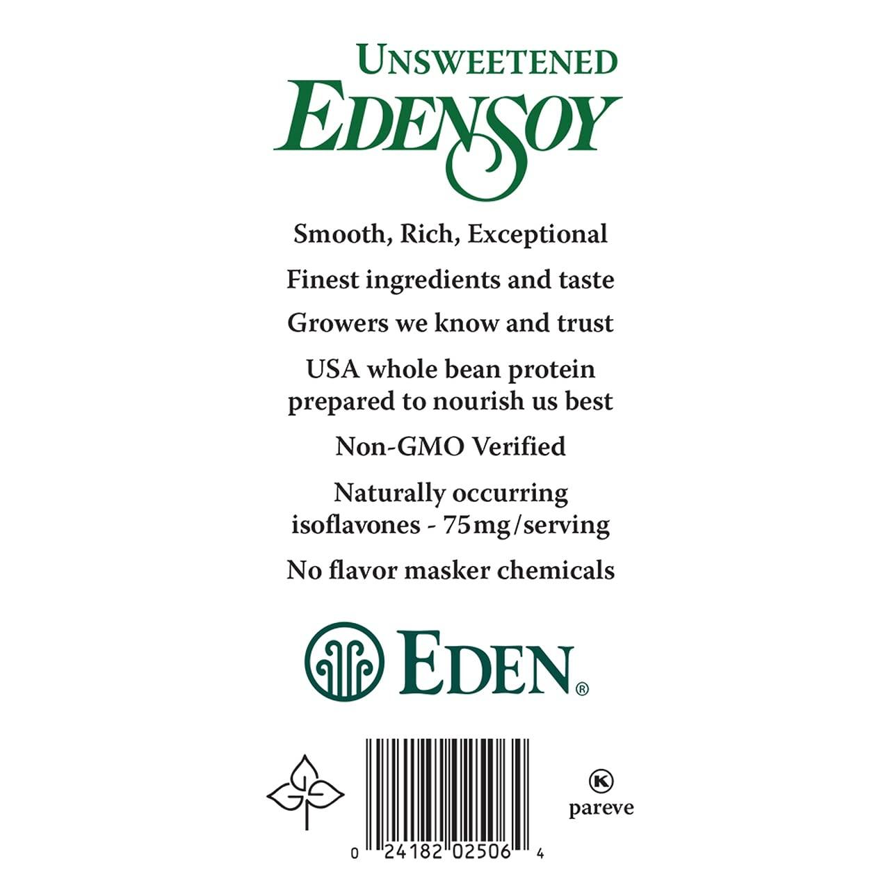 Eden Edensoy Unsweetened Eden Organic Soymilk, Non-GMO, USA Whole Soy (Soya) Milk, Non-Dairy, Vegan, Plain, Shelf Stable, 32 oz