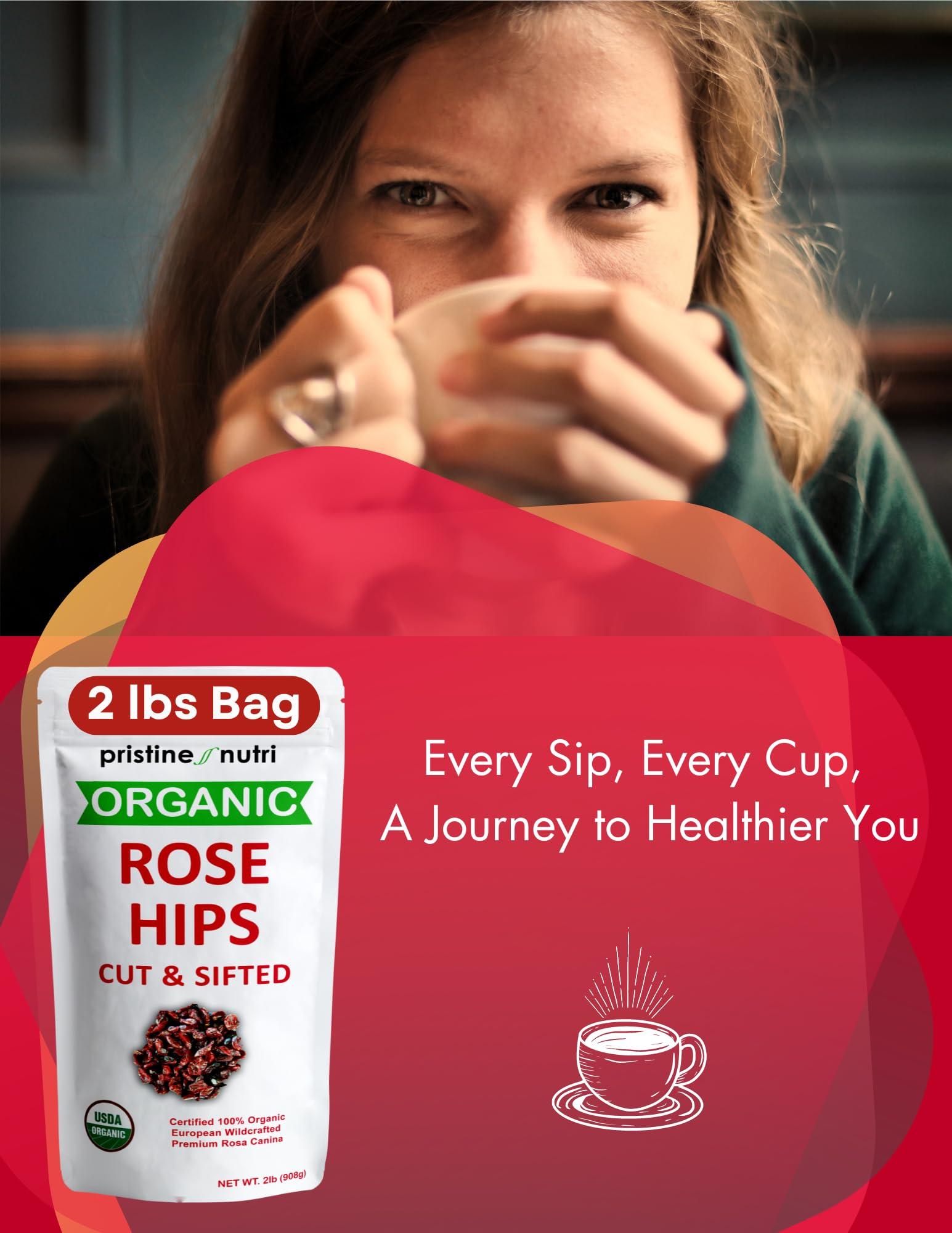 pristine nutri 2 lb (32 oz) Rose Hips Dried Organic Bulk, Organic Rosehips Cut & Sifted, 95% Seedless, European All Natural, Rosehips Dried Organic Bulk, Makes 140 Cups of Vitamin C Rich Tea (packaging may vary)