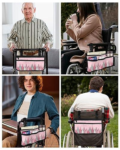 Sabolny Blush Pink,Wheelchair Side Bag, Wheelchair Walker Armrest Bags with Cup Holder & Reflective Stripes, Mobility Scooter Walker Rollator Wheelchair Accessories Christmas Pine Tree Lattice Dots