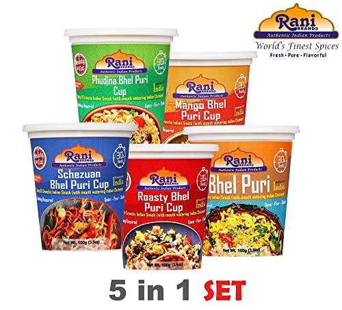 Rani Brand Authentic Indian Products Rani Bhel Puri Cups 5 Flavors-in-1 Set (Regular, Roasty, Mango, Schezuan, Pudina) 3.5oz (100g), Pack of 5 ~ Spicy & Crunchy Indian Snack | Ready to Eat | Vegan | NON-GMO | Indian Origin