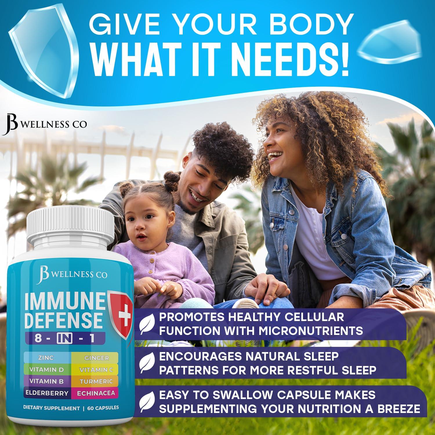 JB WELLNESS CO JB WELLNESS CO Immune Support 8 in 1 Capsules - Zinc Supplement, Vitamin D3, Vitamin C and Elderberry - Immune Booster Supplement with Echinacea, Ginger Root, and Turmeric - [3-Pack, 180 Count]