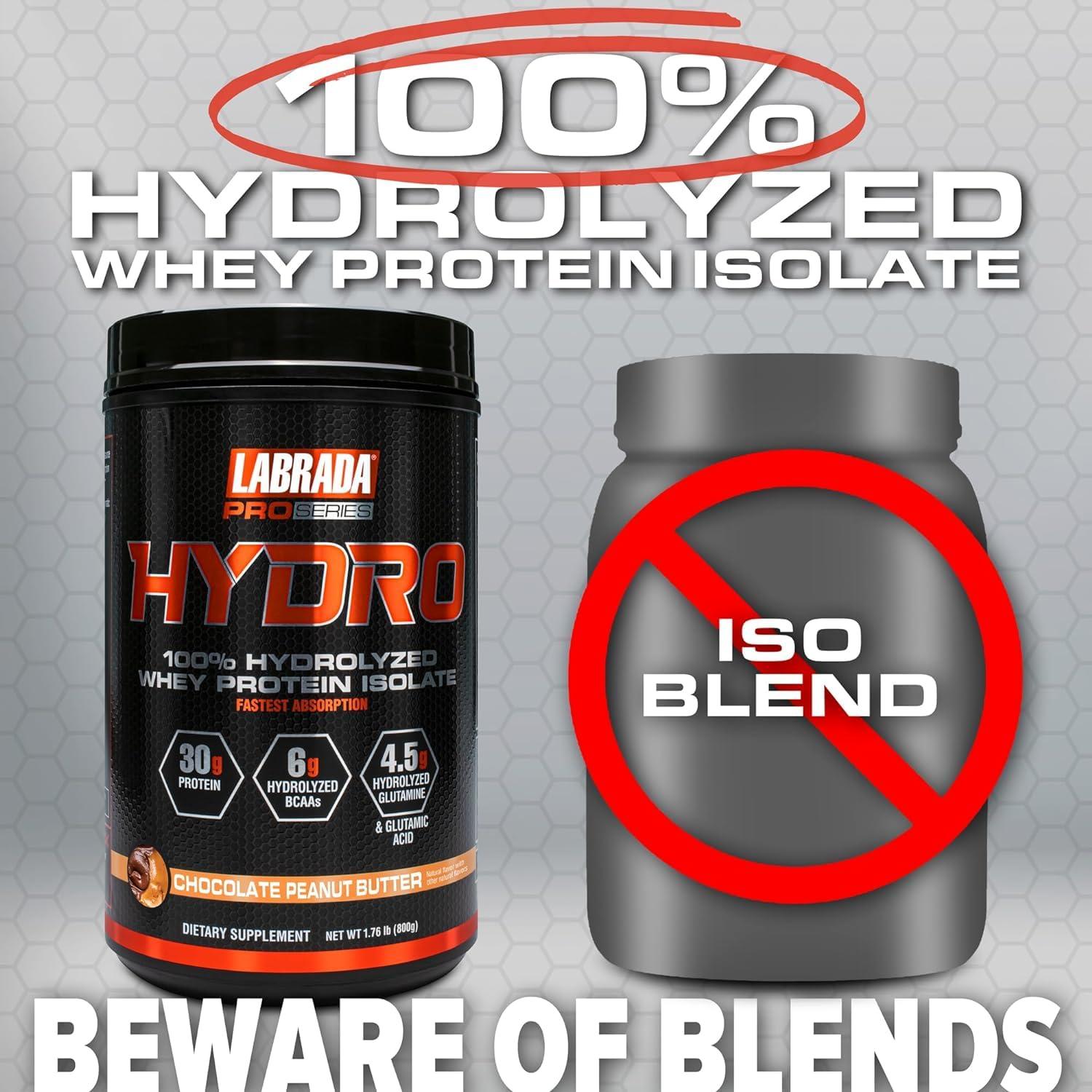 Labrada LABRADA HYDRO 100% Pure Hydrolyzed Whey Protein Isolate Powder, Lactose free, 6g BCAAs, 4.5g Glutamine, Fastest Digesting Whey Available, Instant Mixing, Delicious Taste 20 Servings Choc PeanutButter
