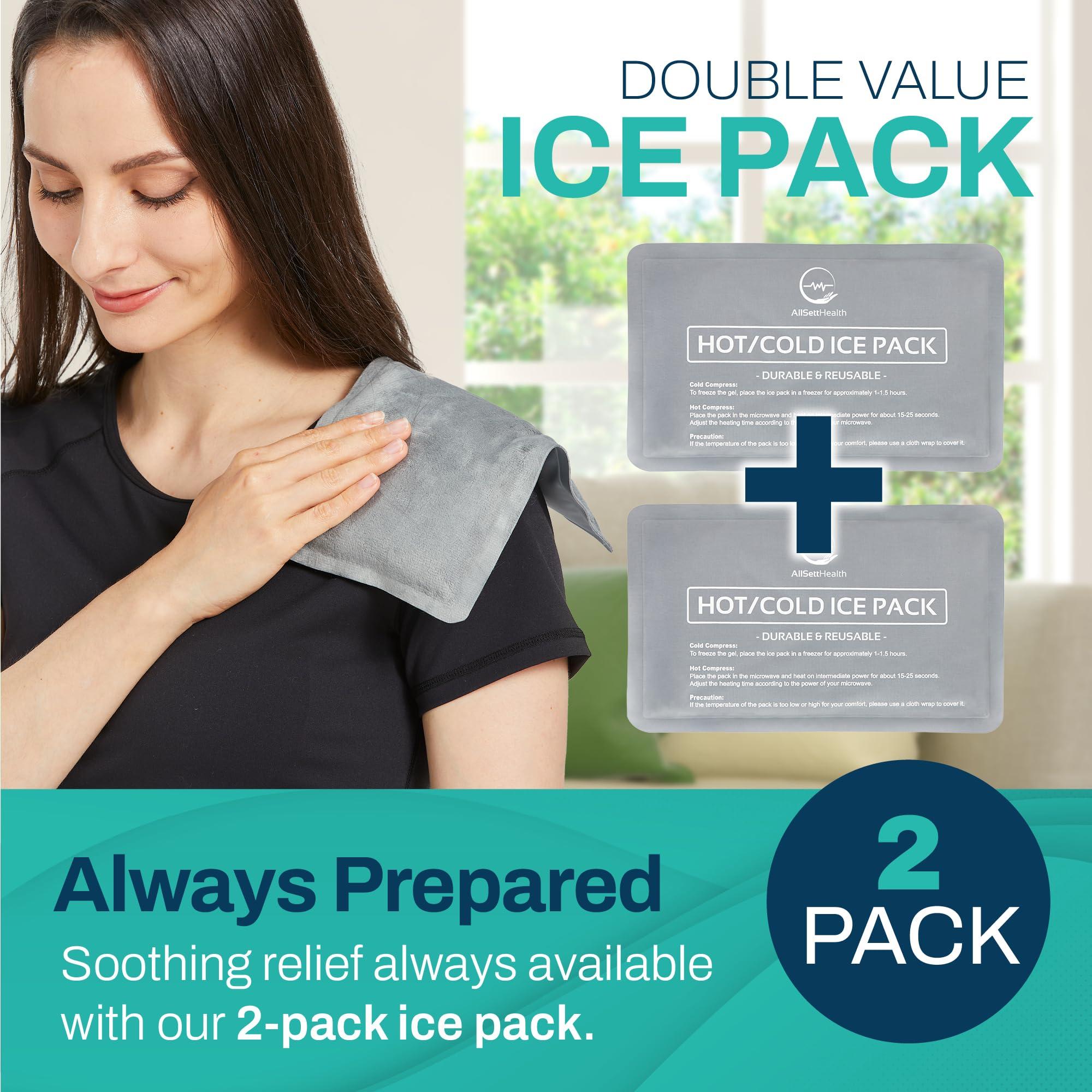 AllSett Health 2 Pack Reusable Ice Packs for Injuries - Soft Ice Pack with Velvet Soft Fleece Fabric | Flexible Hot and Cold Gel Ice Pack Set- Cold Packs for Injuries, Knee, Back, Neck Pain - 10 x 6, Grey