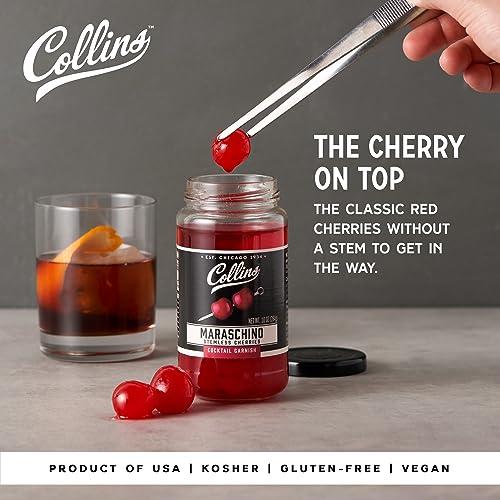 Collins Collins Stemless Maraschino Cherries, Garnish for Cocktails, Desserts, Manhattans, and Old Fashioned, Gourmet Snacking Cherries for Home and Bar, 10oz