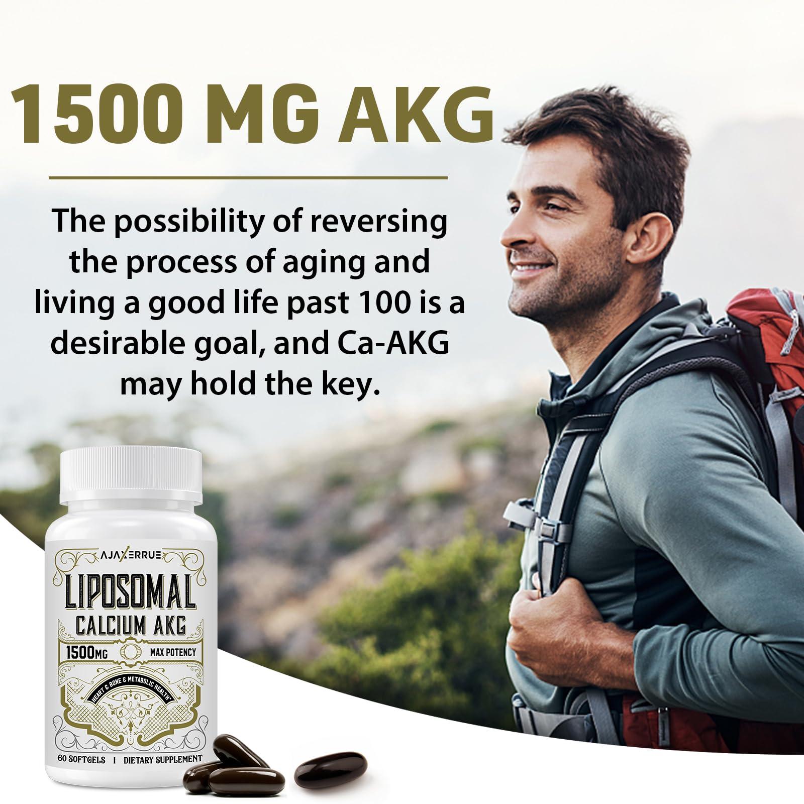 AJAXERRUE Liposomal Calcium AKG Supplement 1500 MG (Alpha-Ketoglutaric Acid), High Absorption, More Effective Than AAKG, Ca AKG for Longevity, Age Defense, Cellular Energy, Metabolic Function, 60 Softgels