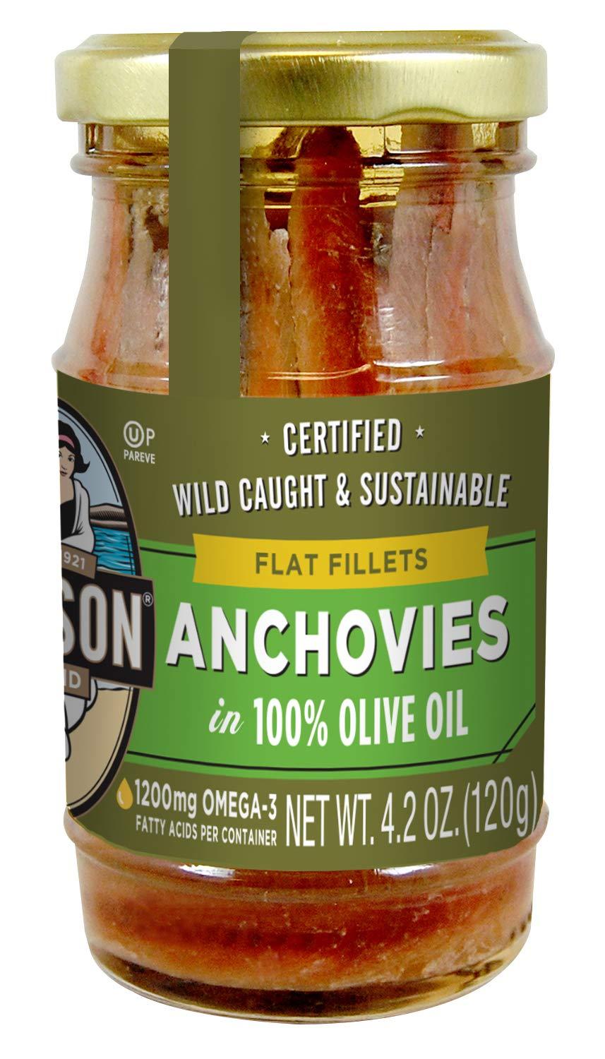 SEASON Season Anchovies in Olive Oil – Flat Anchovy Fillets, Wild Caught Fish, Keto Snacks, Canned Anchovies, Rich in B Vitamins, Low in Mercury, Kosher, Non-GMO, 600mg of Omega-3 – 4.2 Oz Glass Jar, 6-Pack