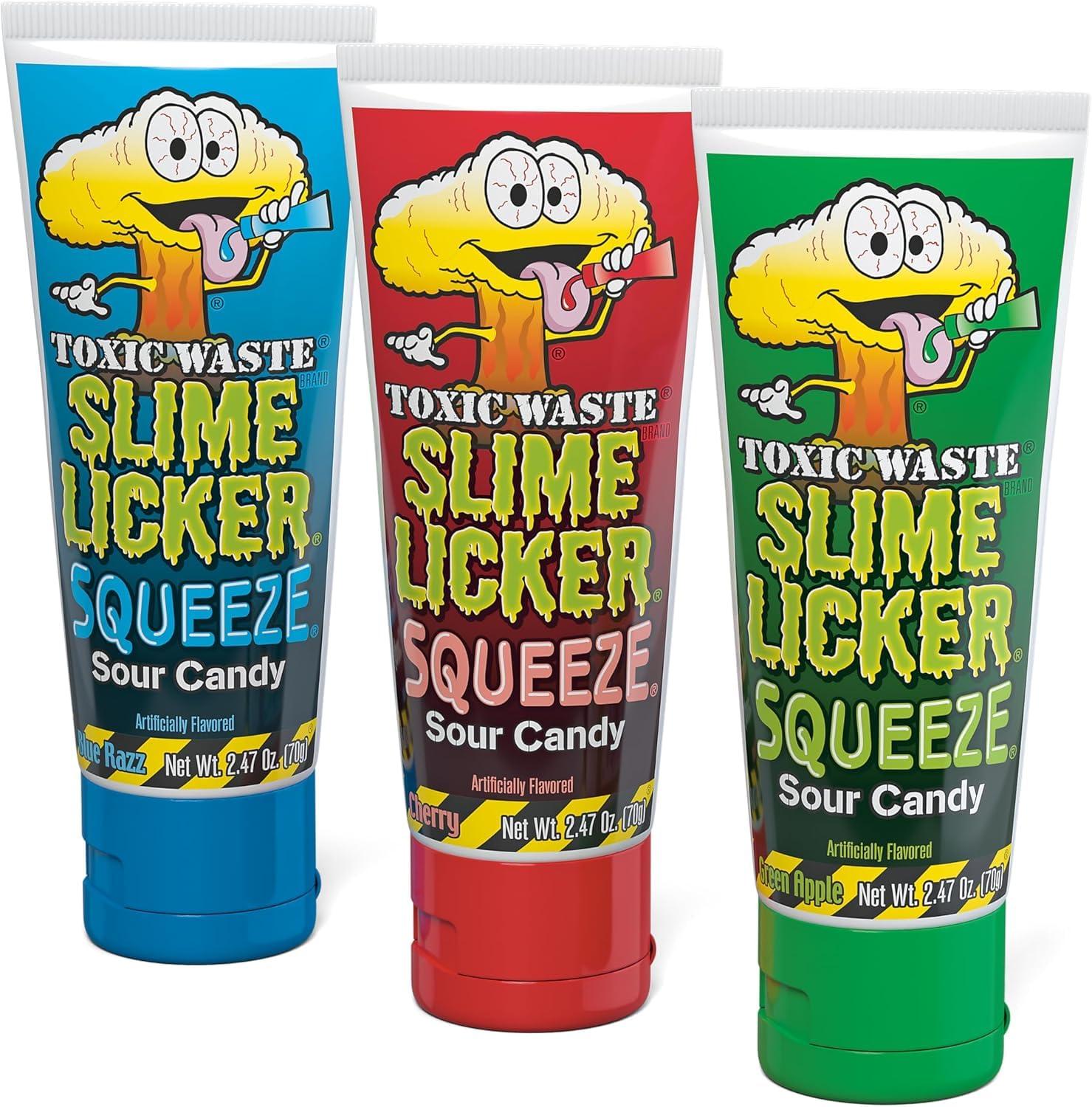 TOXIC WASTE Toxic Waste - Slime Licker Squeeze - Sour Squeeze Slime Candy - Green Apple, Blue Razz, & Cherry Flavors - 2.47 oz. Tubes - 3-Pack