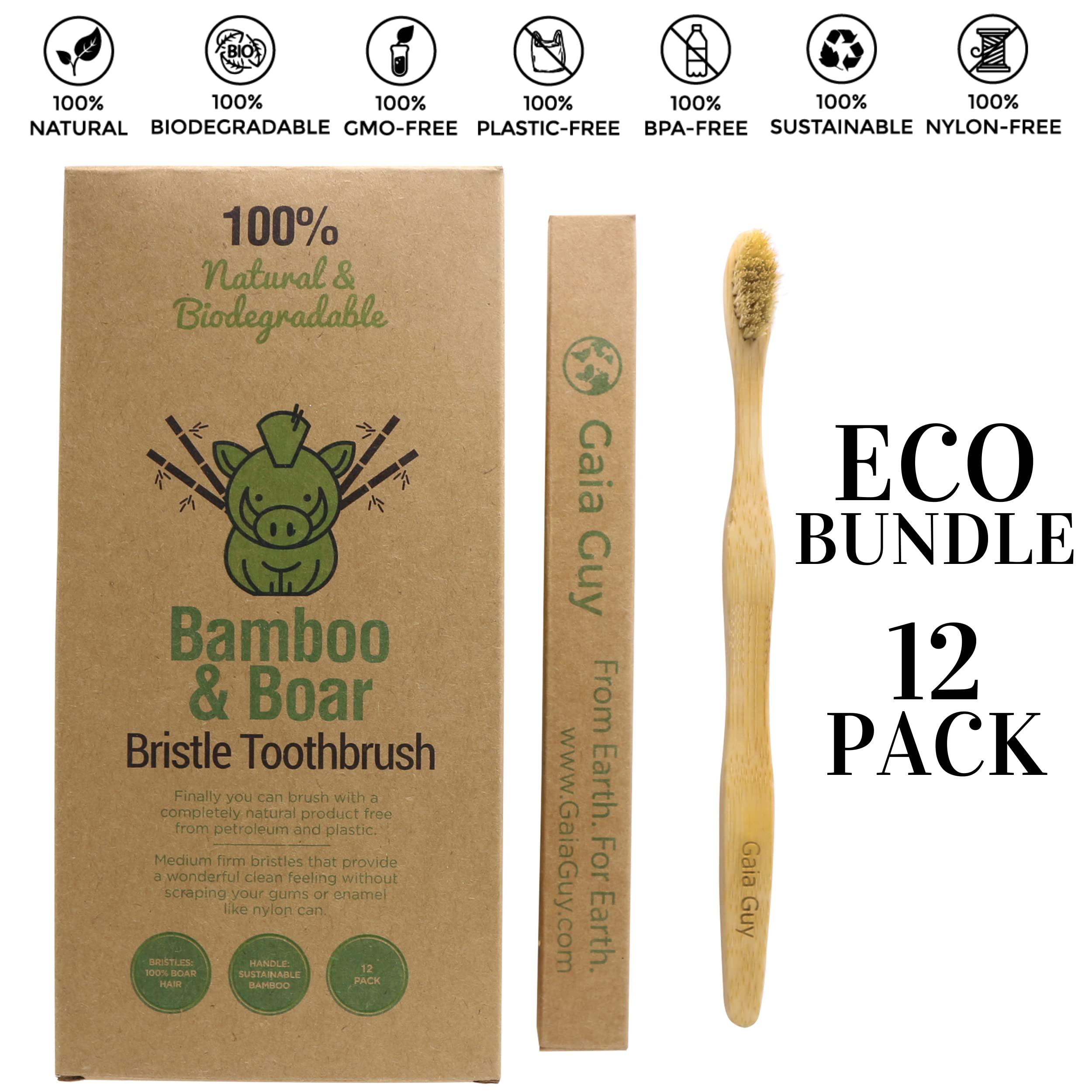 Gaia Guy Gaia Guy Natural Bristle Bamboo Toothbrush with Boar Bristles - Totally Biodegradable and Compostable - No Nylon Toothbrushes - Zero Waste 12-Pack