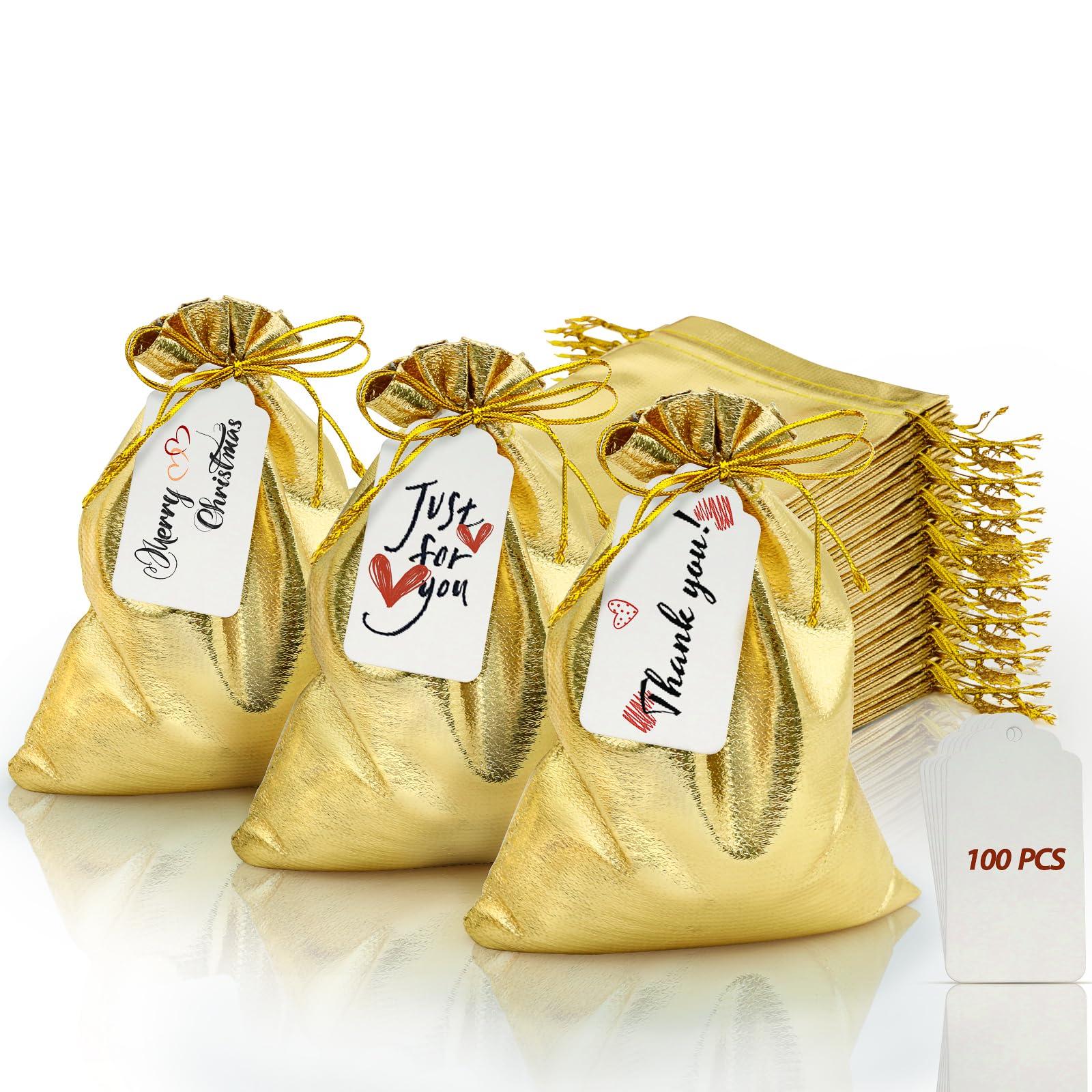 DOYIDE DOYIDE 100Pcs Gold Drawstring Gift Bags, 6x8n Jewelry Bags Drawstring Pouches, Shiny Wedding Party Favor Bags, Sachet Bags Empty for Birthday Party Christmas Baby Shower Candy Favors