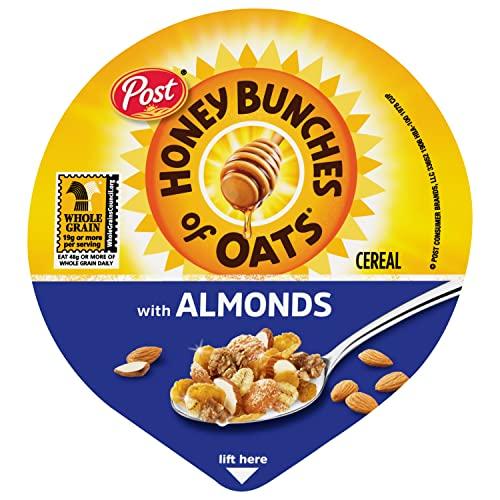 Post Post Honey Bunches of Oats with Almonds Breakfast Cereal, Honey Cereal with Granola Clusters and Sliced Almonds, Small Cereal Cup Size for Easy On-The-Go Breakfast, 2.25 OZ Cereal Cup (Pack of 12)