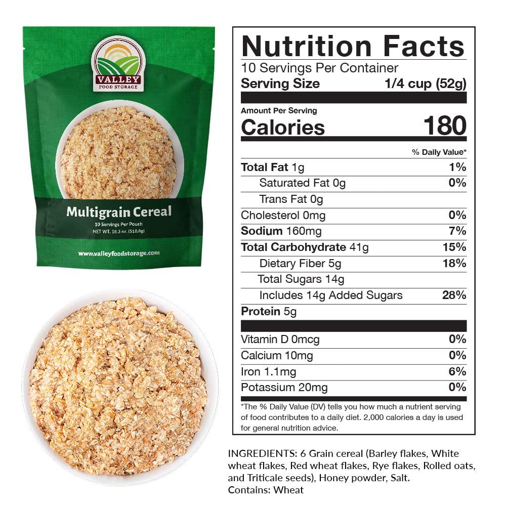 Valley Food Storage Multigrain Dried Cereal 10-Bag Bucket, 100 Servings | Premium Emergency Food Supply 25 Year Shelf Life | Survival Meal Kits Prepper Food, Off Grid Living Supplies | Valley Food Storage Packaged in USA