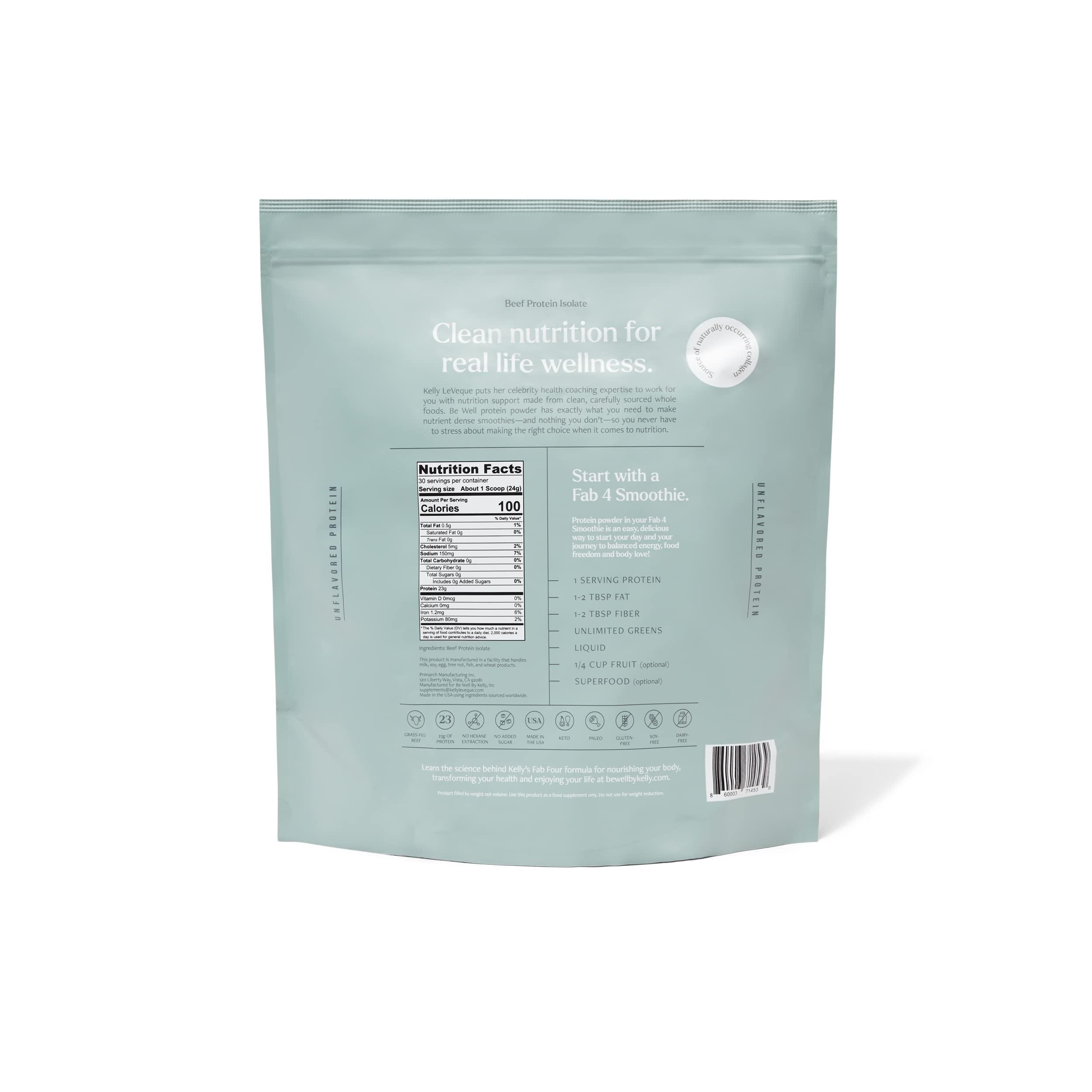 Be Well by Kelly LeVeque Be Well by Kelly Unflavored Grass-Fed Beef Protein Powder, 23G of Protein & Zero Carbs (1 Ingredient, 30 Servings) 9 Amino Acids + 3 BCAAs No Soy, No Dairy, Stevia-Free, No Sugar Added 1.59lb 720g