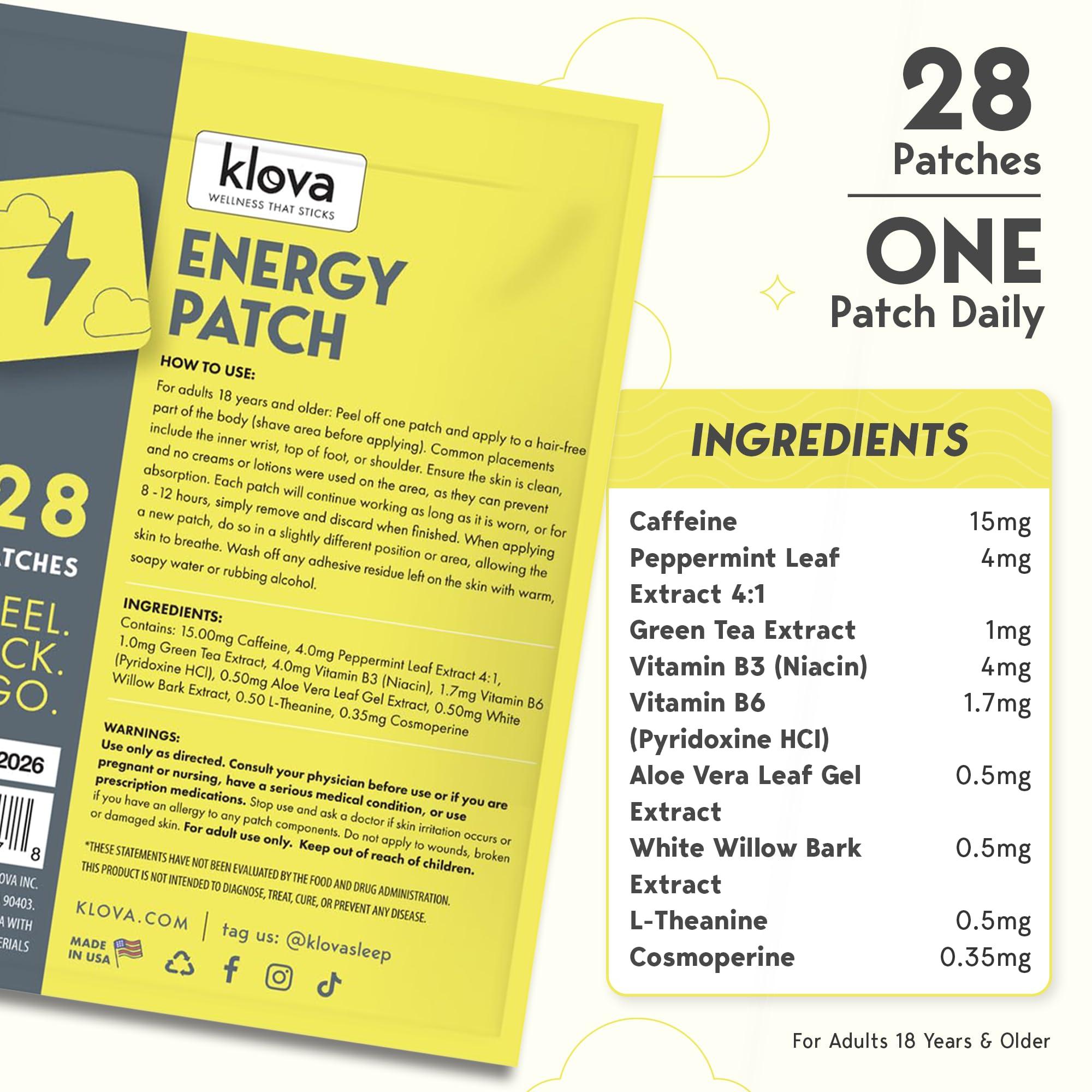 Klova Klova Energy Patches with Caffeine, Green Tea Extract, Peppermint Leaf Extract, Vitamin B3 and Vitamin B6 - for Enhanced Morning Wakefulness