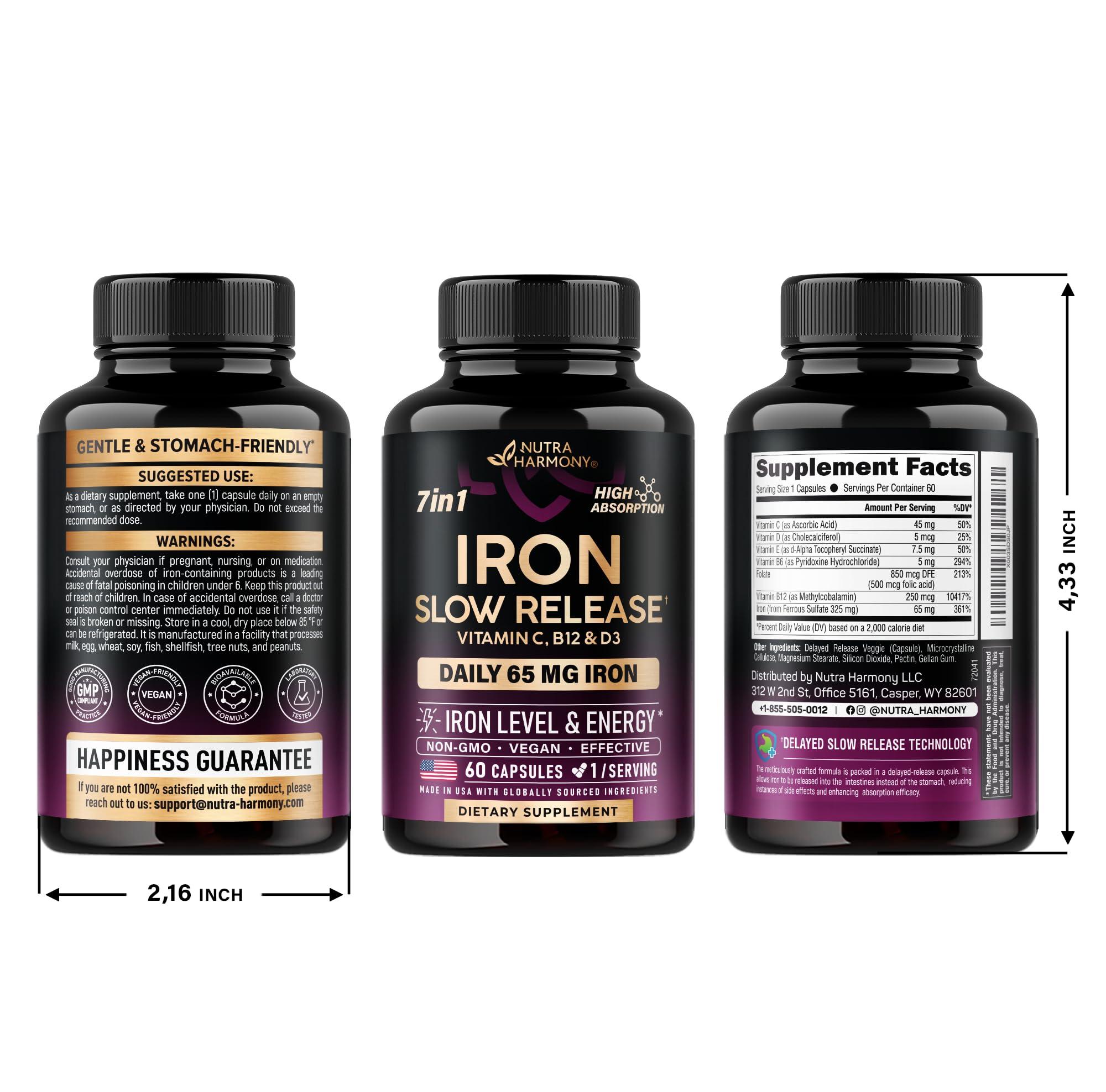 NUTRAHARMONY Iron Supplement for Women - Iron 65mg (Ferrous Sulfate 325mg) - Stomach Friendly | Slow Release Iron | High Absorption - Vitamins C, D3, B6, B12 & Folate - Iron Level & Energy Support - 60 Capsules