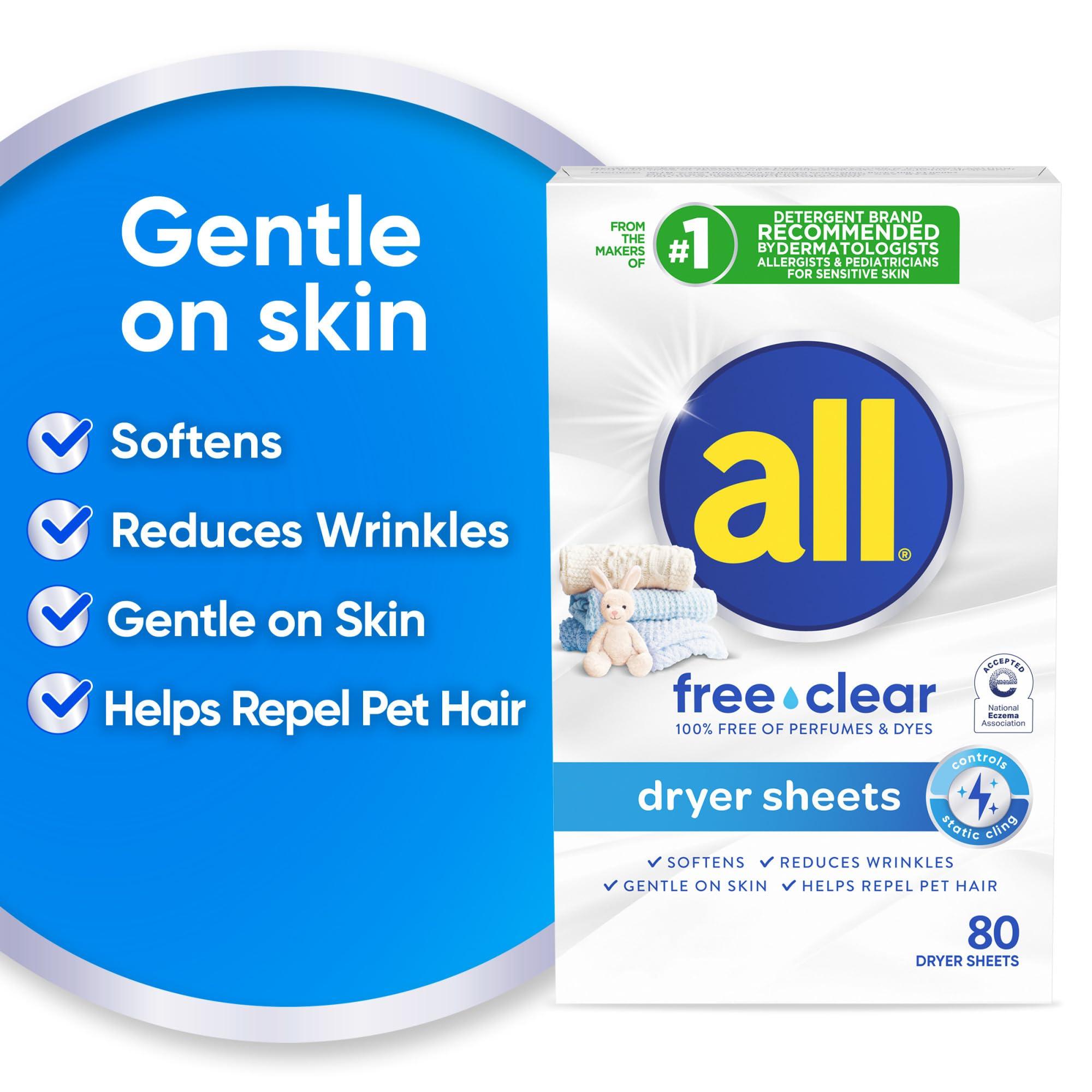 all all Fabric Softener Dryer Sheets for Sensitive Skin, Free Clear, 80 Count