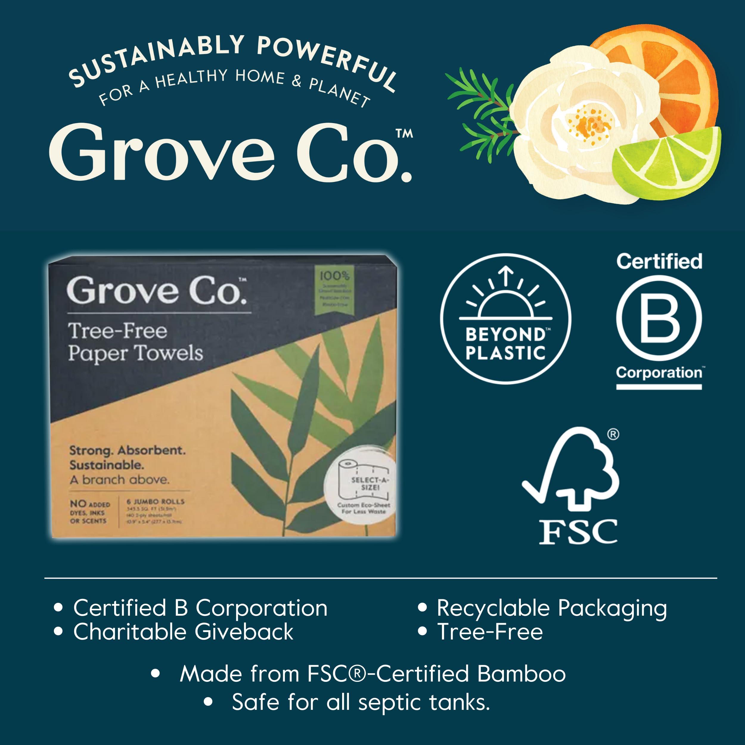 Grove Co. Grove Co. Bamboo Paper Towels, Tree Free & Sustainable Kitchen Paper Towels, Strong & Absorbent with Custom Select Sheets for Less Waste, Zero Plastic Waste. 140 x 2-ply Sheets per Roll, 6 Pack Rolls
