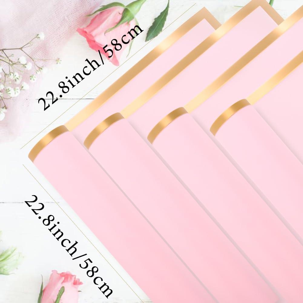 Aksipo 20 Sheets Rose Pink Flower Wrapping Paper, Waterproof Florist Bouquet Packaging Paper with Satin Ribbon,3D Butterflies,Flower Pins, Gold Edge Floral Wrap Paper for Father\'s Day DIY Wedding Flower Craft