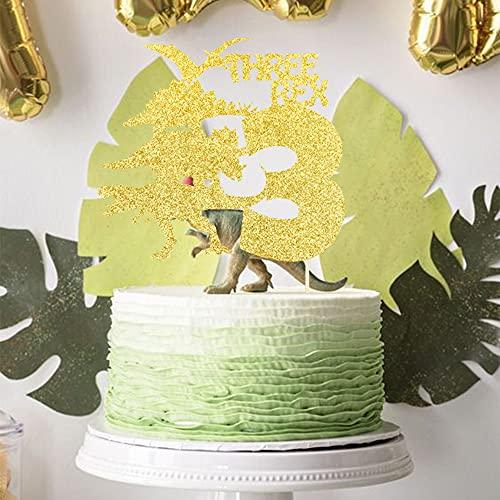 ZHUOWEISM 1 PCS Three Rex Birthday Cake Topper with Glitter Dinosaur 3rd Birthday Cake Pick Baby Shower 3rd Birthday Dinosaur Theme Party Decorations Supplies Gold