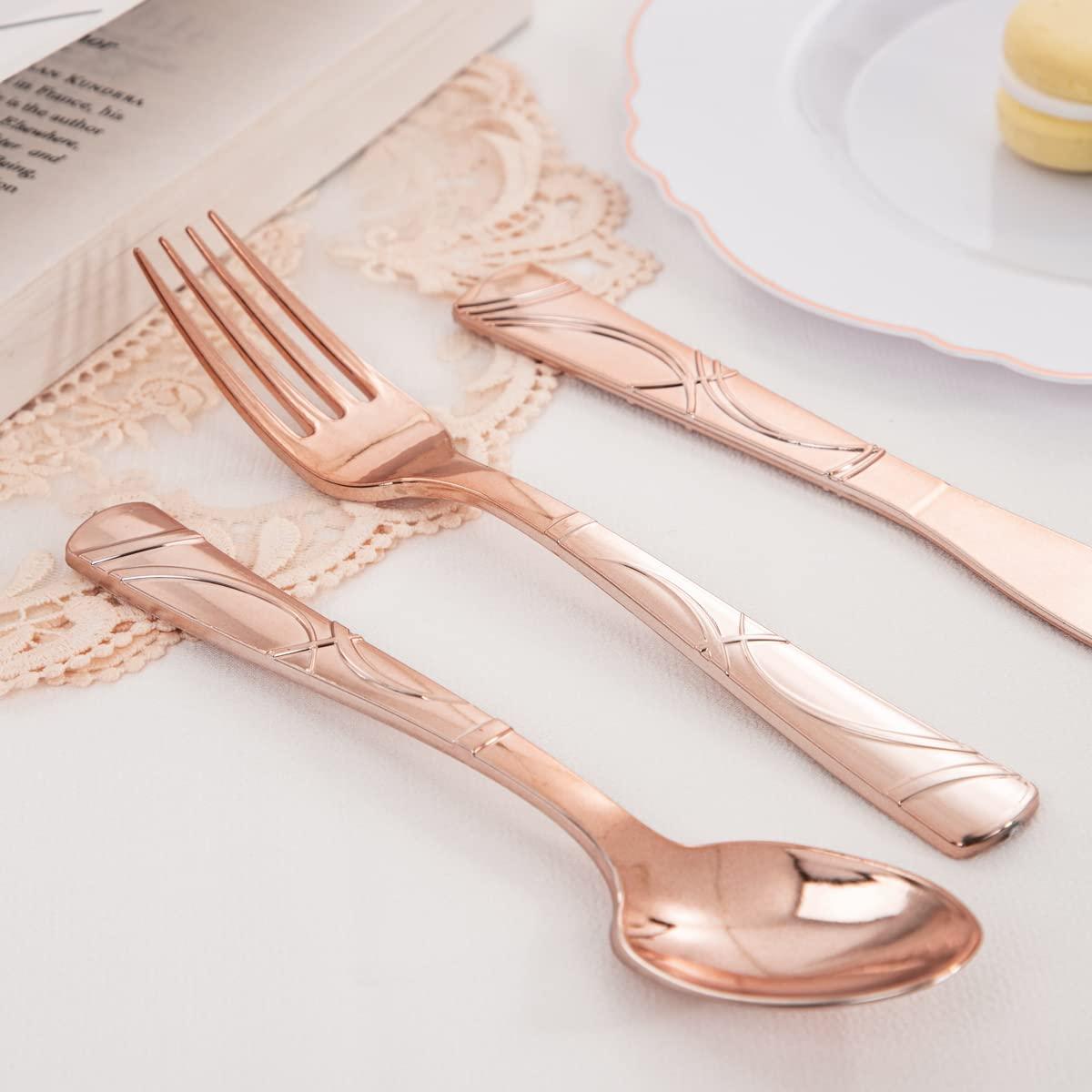 WELLIFE WELLIFE 350 PCS Rose Gold Square Plastic Plates, Disposable Rose Gold Dinnerware, Includes: 50 Dinner Plates10.25, 50 Dessert Plates7.5, 50 Cups 9 OZ, 50 Pre Rolled Napkins with Cutlery