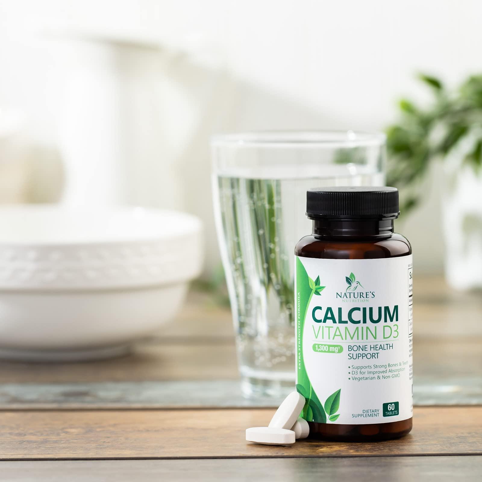 Nature's Nutrition Calcium 1200 mg with Vitamin D3, Calcium Supplement Vitamins, Supports Bone Strength, Teeth & Immune System, Calcium Supplements for Women & Men, Nature\'s Absorbable Calcium Carbonate - 60 Tablets