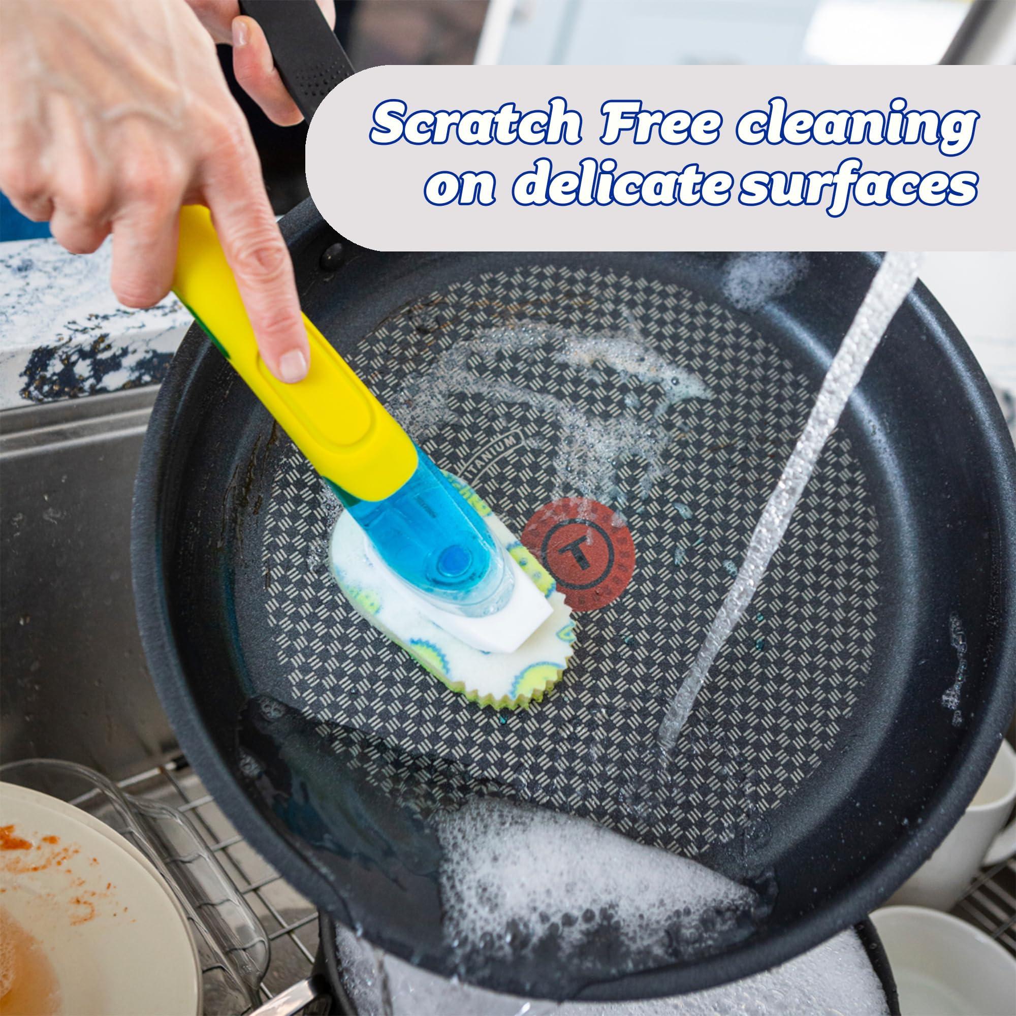 Scrub Daddy Scrub Daddy Dish Daddy Dish Wand & Refill Heads, Soap Dispensing Dish Brush, Texture Changing Washing Up Sponge With Liquid Handle, Dish Sponge with Built-in Scraper & Scrubbing Head, Drip stand, Blue