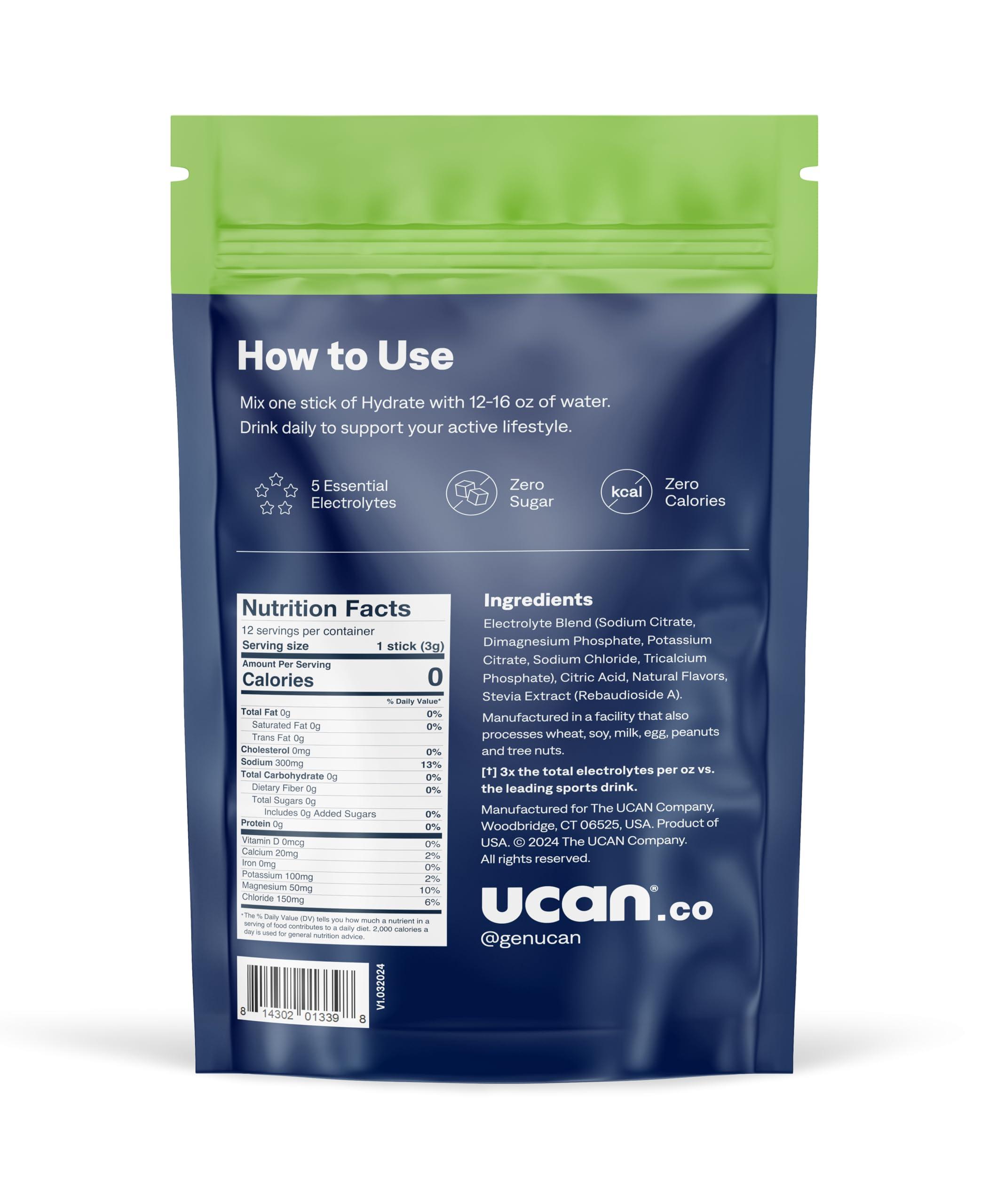 Generation UCAN UCAN Hydrate Electrolyte Drink Mix (Lemon-Lime, 12 Stickpacks) Sugar-Free, Keto-Friendly, Vegan, Non-GMO, Gluten-Free Electrolyte Powder with Potassium & Magnesium for Runners & Athletes