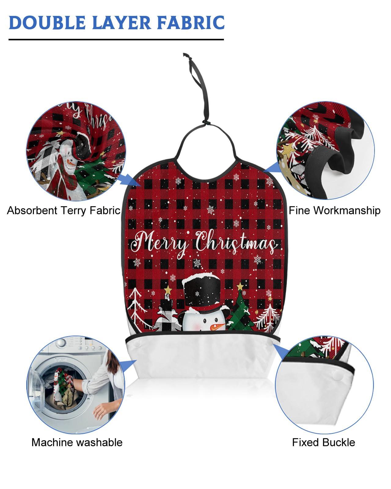 Kewadony Adult Bibs for Elderly Women - Christmas Waterproof Dining Clothing Protectors with Crumb Catcher for Eating/Feeding, Winter Snowflake Snowman Xmas Tree Red Black Plaid Terry Cloth Bib Washable