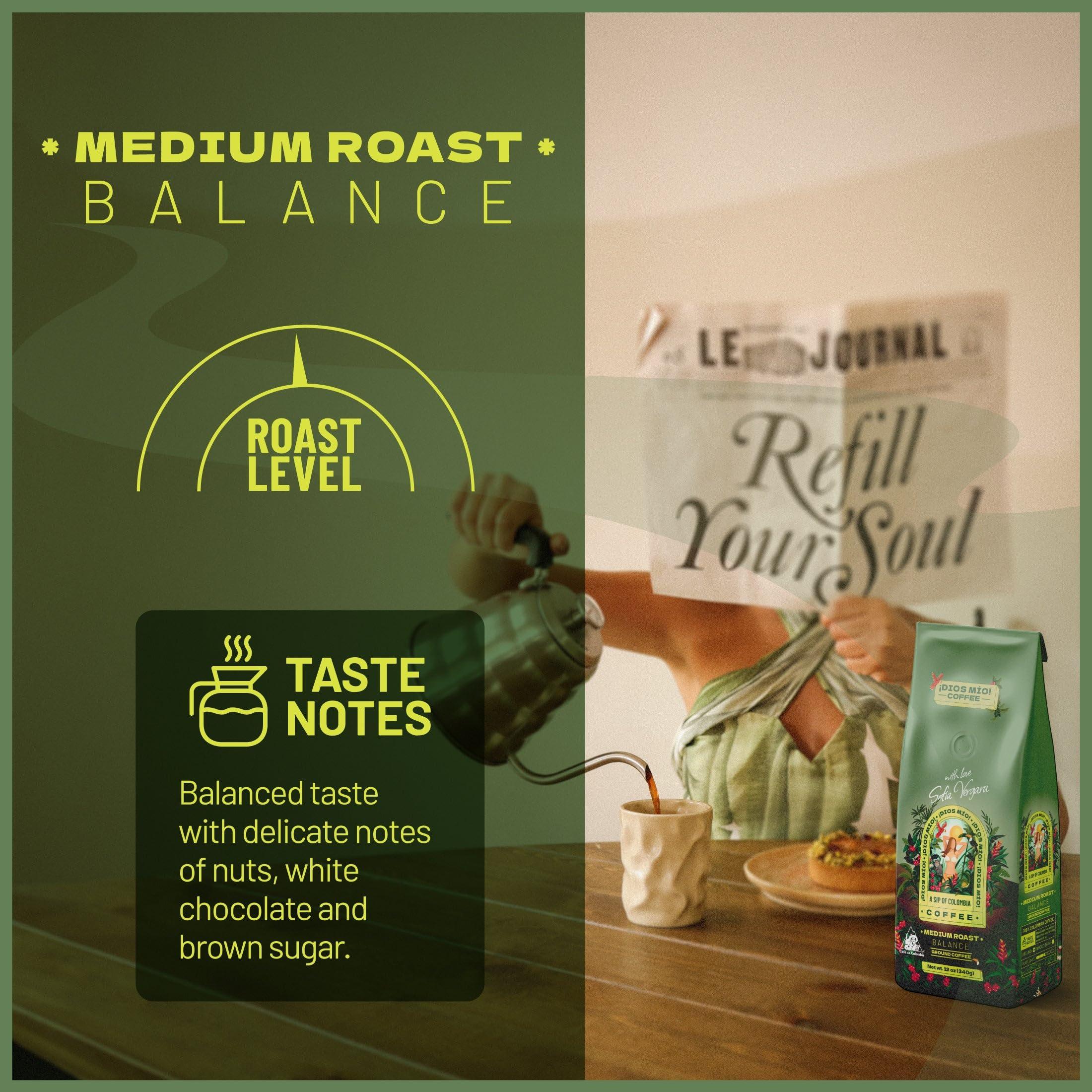 Dios Mio Dios Mio Coffee by Sofia Vergara | 100% Colombian Premium Ground Coffee | Balance, Medium Roast/Bags | Rich, Smooth Flavor | Fair Trade Coffee Beans | Empower Women Coffee Growers