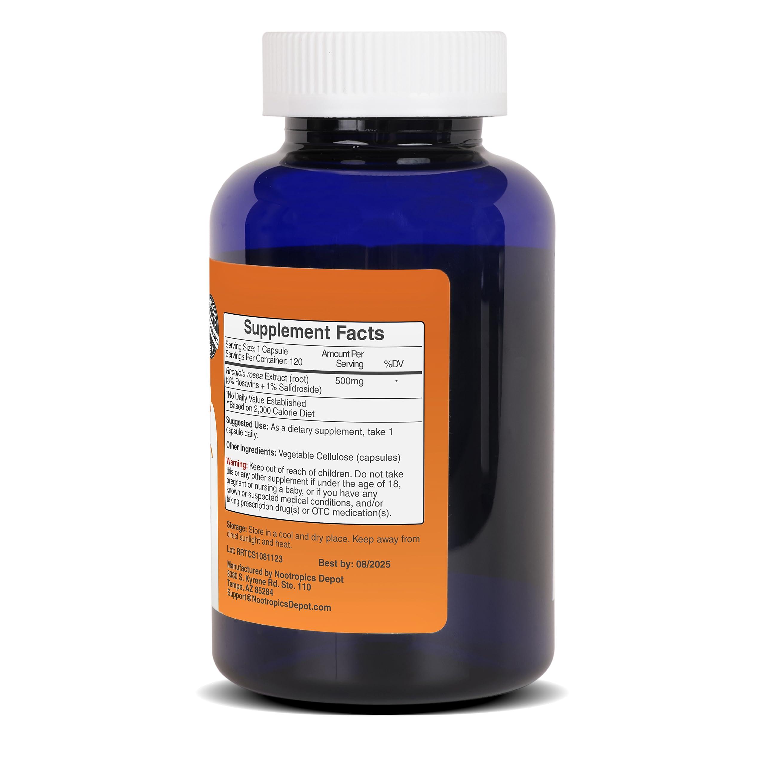 Nootropics Depot Nootropics Depot Rhodiola Rosea Capsules | 500mg | 3% Rosavins | 120 Count | Adaptogen Herb | Ayurvedic Supplement