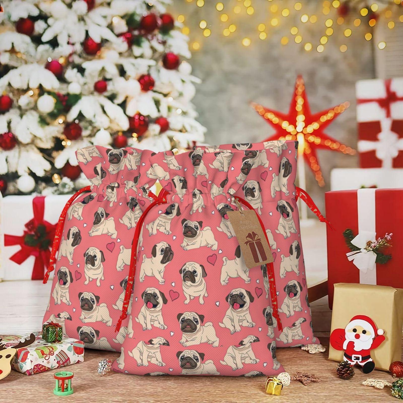LimPac Funny Cartoon Pug Puppy Dog Christmas Gift Bag M Size, Linen Holiday Gift Bag, Christmas Anniversary As Gift Packaging.