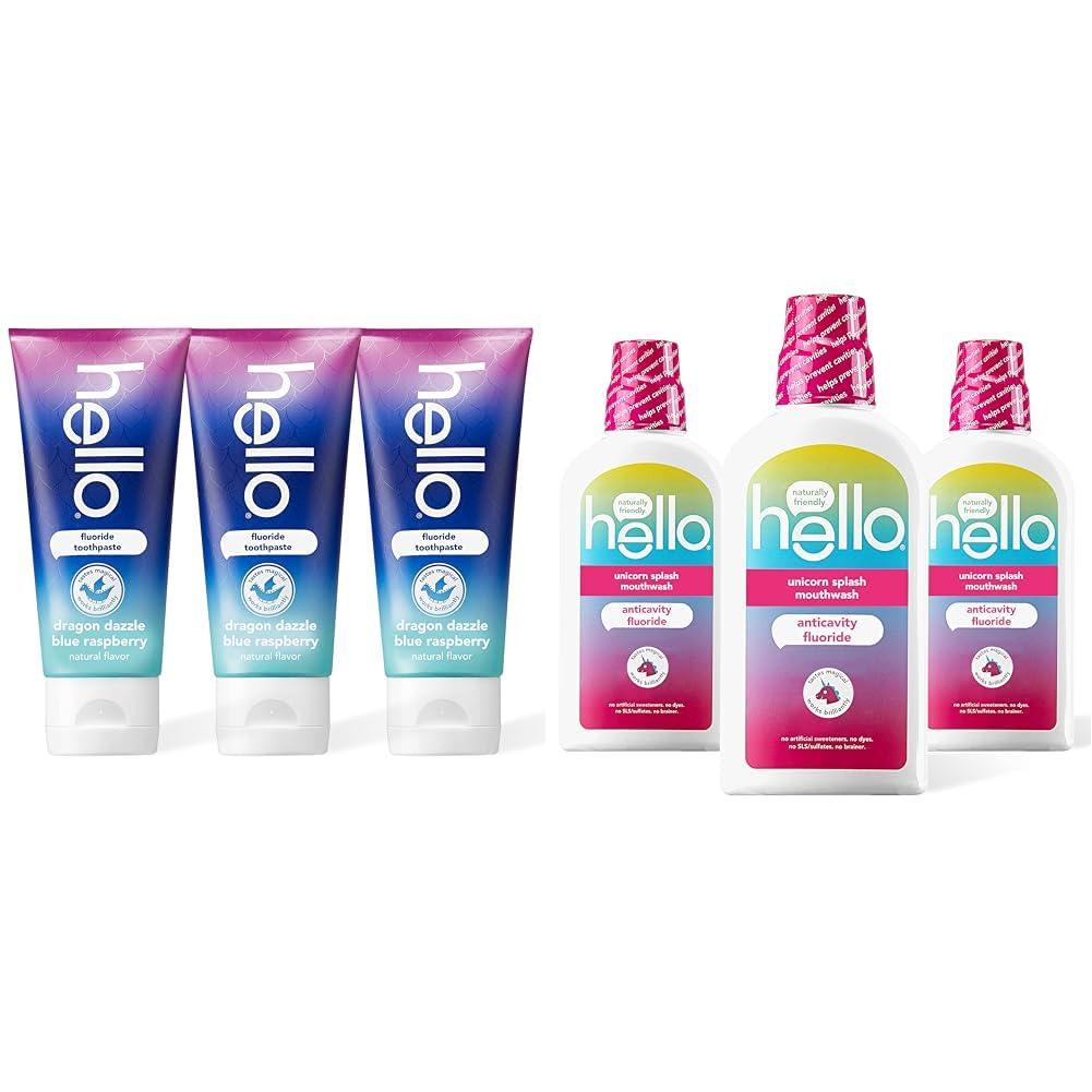 hello hello Dragon Dazzle Blue Raspberry Kids Toothpaste & Kids Mouthwash with Unicorn Bubble Gum Flavor