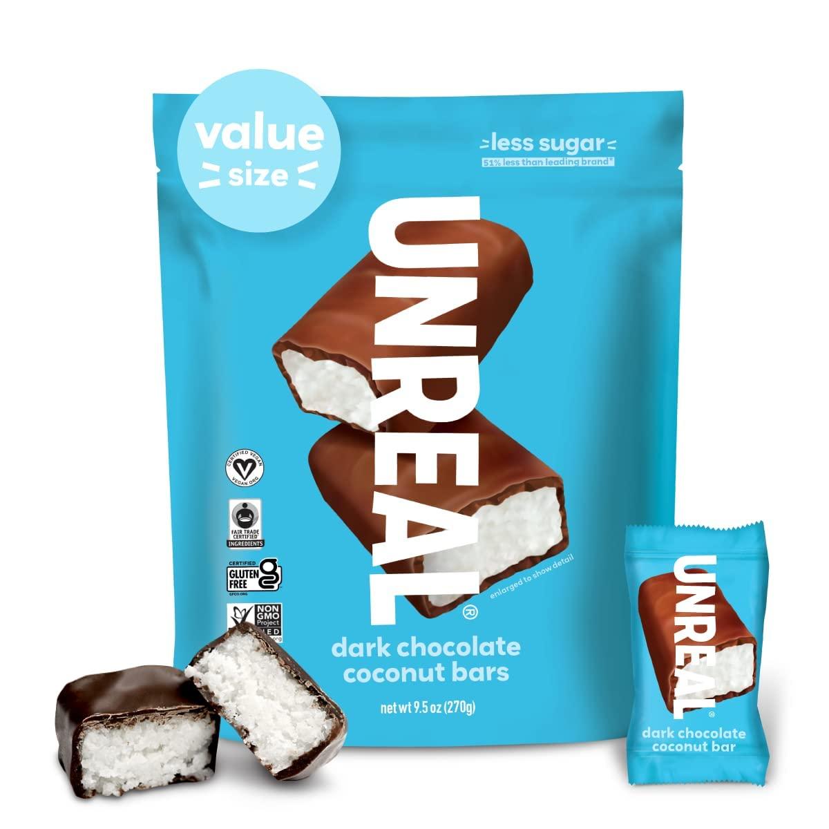 UNREAL UNREAL Dark Chocolate Coconut Bars (Value Size Bag) | Vegan, 3g Sugar, & 3 Simple Ingredients | Non-GMO, Gluten Free, & Fair Trade | 9.5oz
