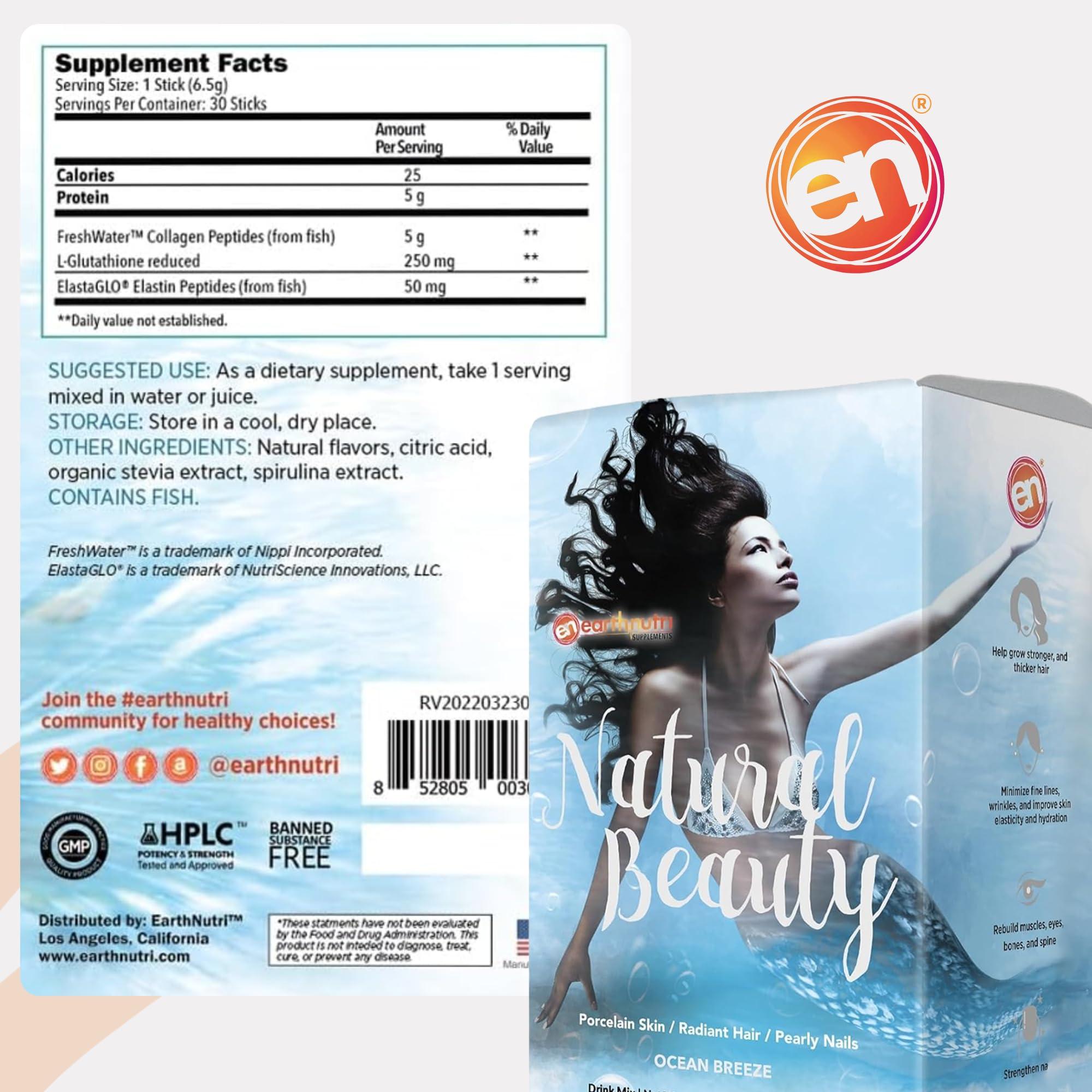 EarthNutri EarthNutri Marine Collagen Peptides Powder Supplement for Skin, Hair & Nails Enhances Skin Elasticity & Hydration Hydrolyzed Collagen 5000mg per Serving Non-GMO Ocean Breeze (30 Sticks Pack)