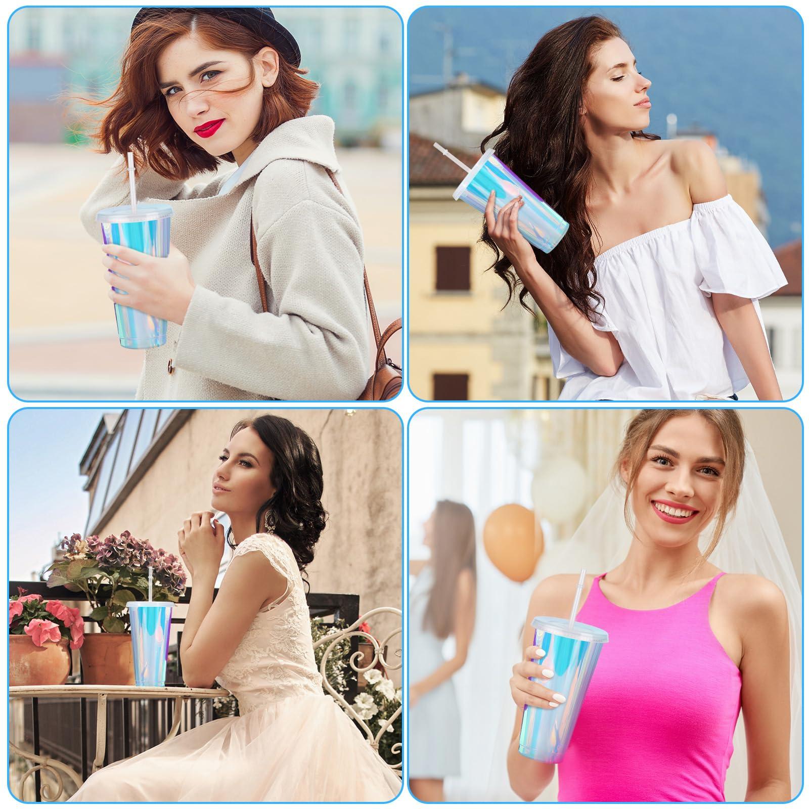 Domensi Domensi Iridescent Plastic Cups with Lids and Straws 24 oz Iridescent Reusable Plastic Tumblers Iced Coffee Cups for Shiny Disco Birthday Wedding Bachelorette Party Supplies(12 Pack)