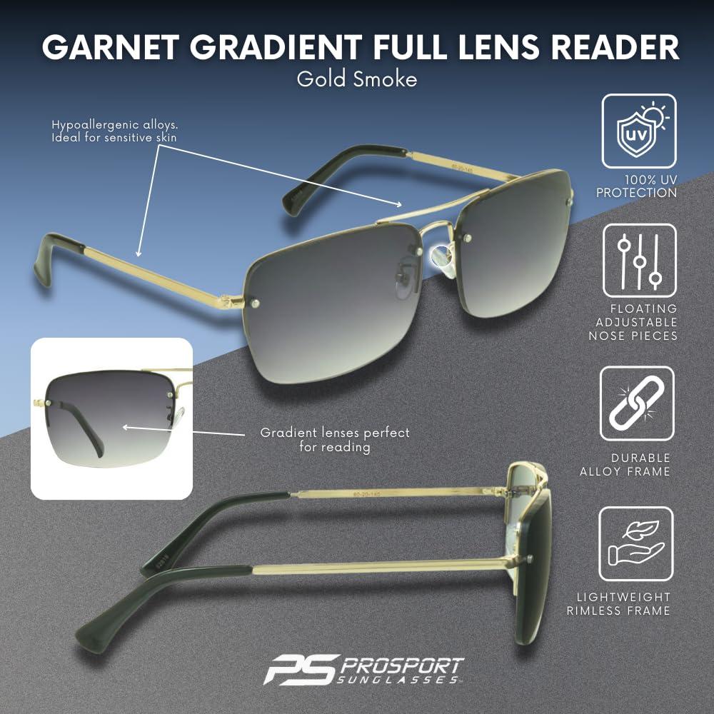 proSPORT proSPORT Sunglasses Readers Full Lens Square Aviator Rimless Metal Silver Gold Gradient Grey Brown Tint Men Women NOT BIFOCAL