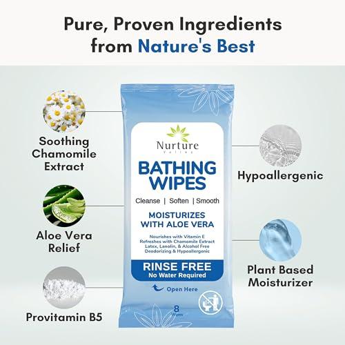 Nurture Valley Nurture Rinse Free Bathing Wipes for Adults w/Aloe | Waterless Cleansing for sensitive skin | Disposable Adult Body Bath Wet Wipe for Disabled Bedridden | 64 wipes