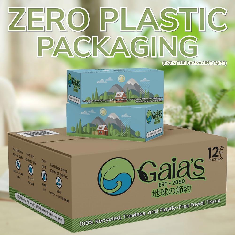 GAIA\'S Gaias Premium 3 Ply Facial Tissues, Strong and Soft, 140 Sheets (1680 Sheets - 12 Pack) Made From Recycled Paper, Zero Plastic Packaging, Eco-Friendly, Sustainable, Non-Lotion Bulk Pack