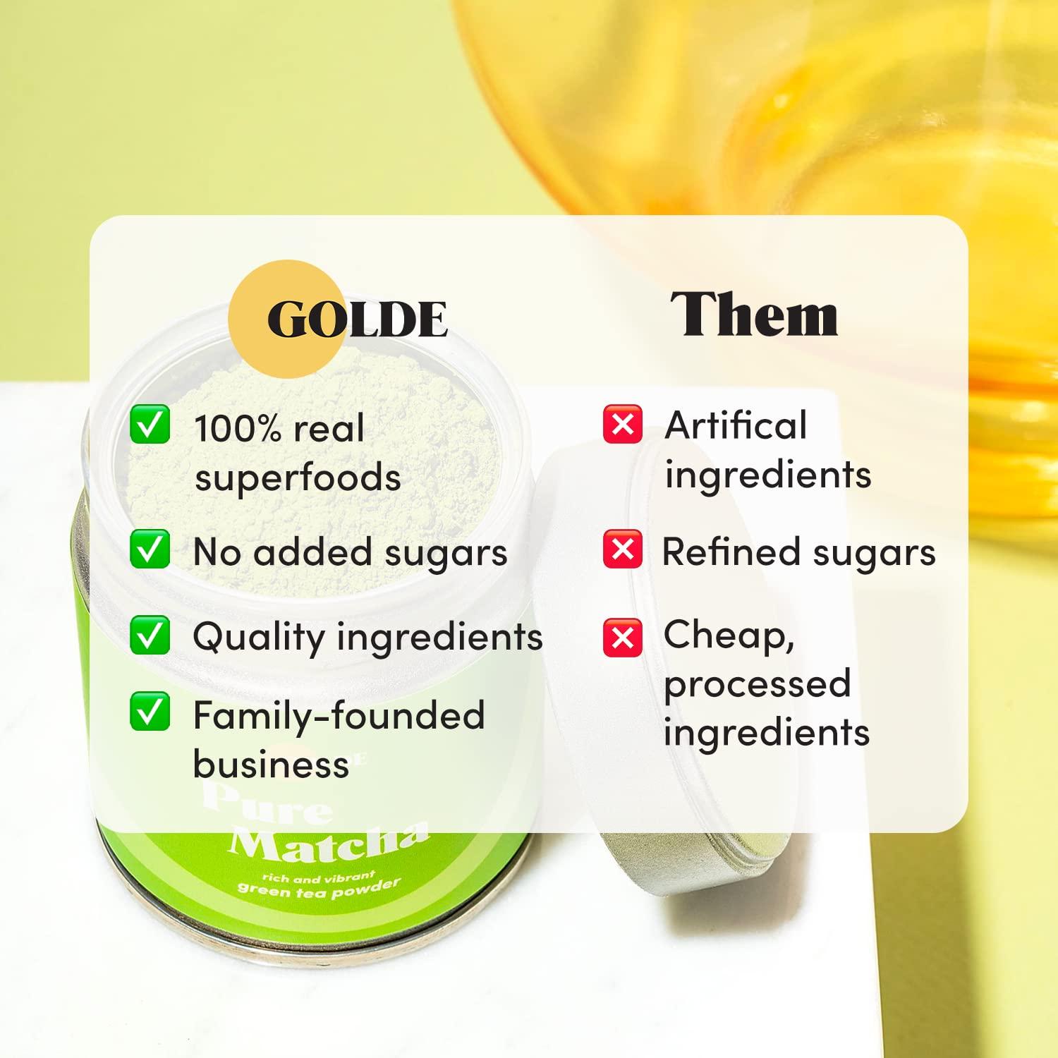 GOLDE GOLDE - Pure Matcha - Ceremonial Grade Matcha Powder - Green Tea Superfood w/L-Theanine & Antioxidants - 60mg Caffeine - Jitter Free Energy - 40g Tin