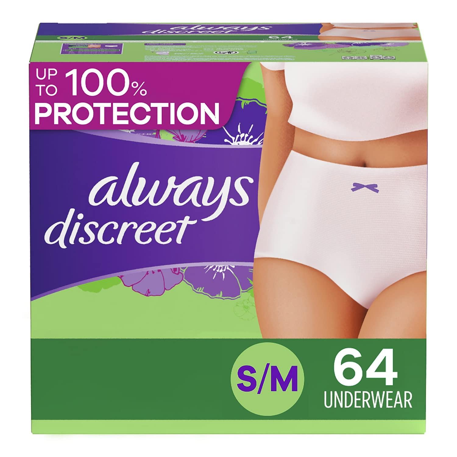 Always Discreet Always Discreet Adult Incontinence & Postpartum Underwear For Women, Size Small/Medium, Maximum Absorbency, Disposable, 32 Count x 2 Packs (64 Count total) (Packaging May Vary)