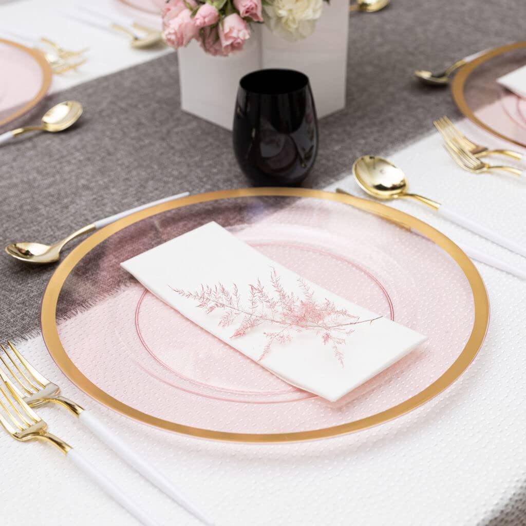 EcoQuality EcoQuality 13\" inch Round Pink Plastic Charger Plates with Gold Rim - China Like Party Plates, Heavy Duty Large Disposable Dinner Plates, Reusable Salad Plate, Wedding, Catering, Dinnerware (12 PACK)